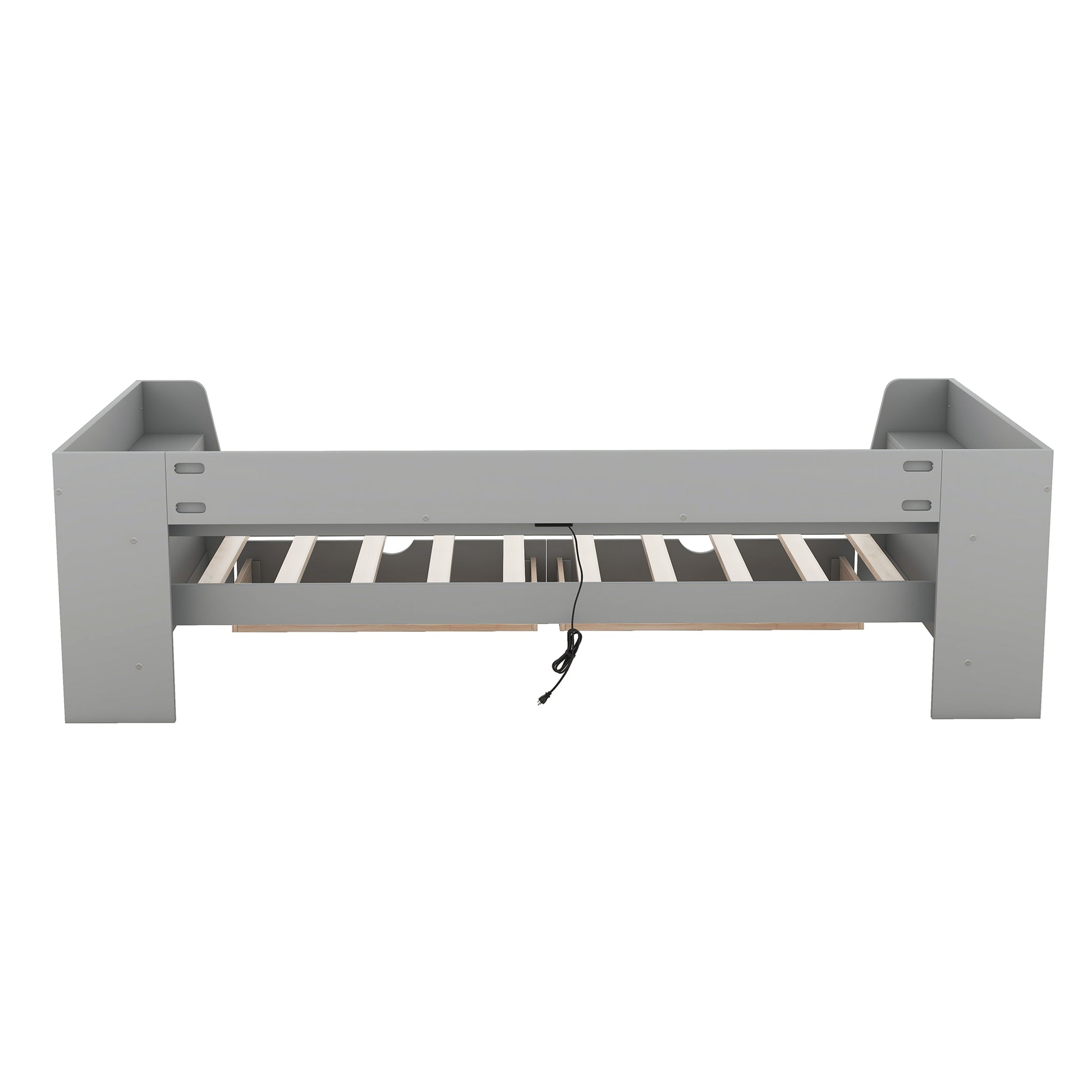 Gray twin bed frame with builtin headboard shelf and wooden slats