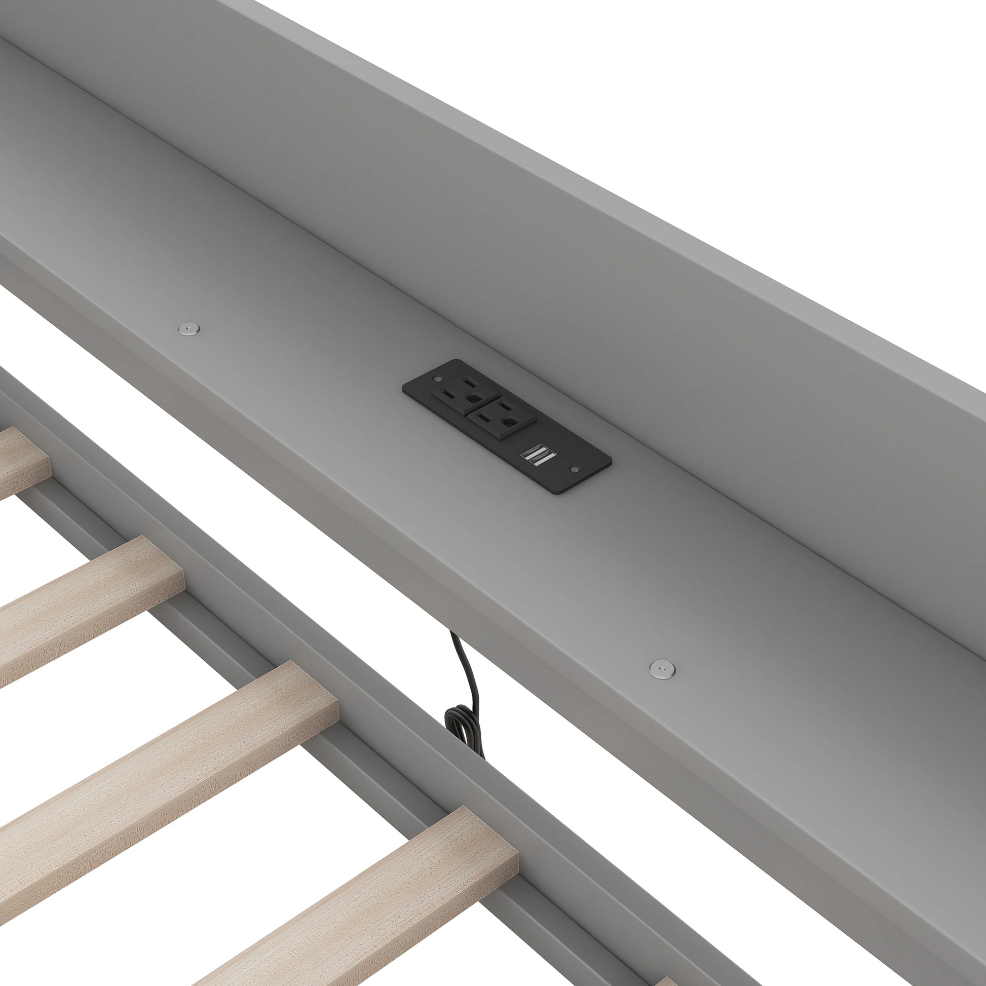 Gray bed frame with integrated power outlet and USB charging ports