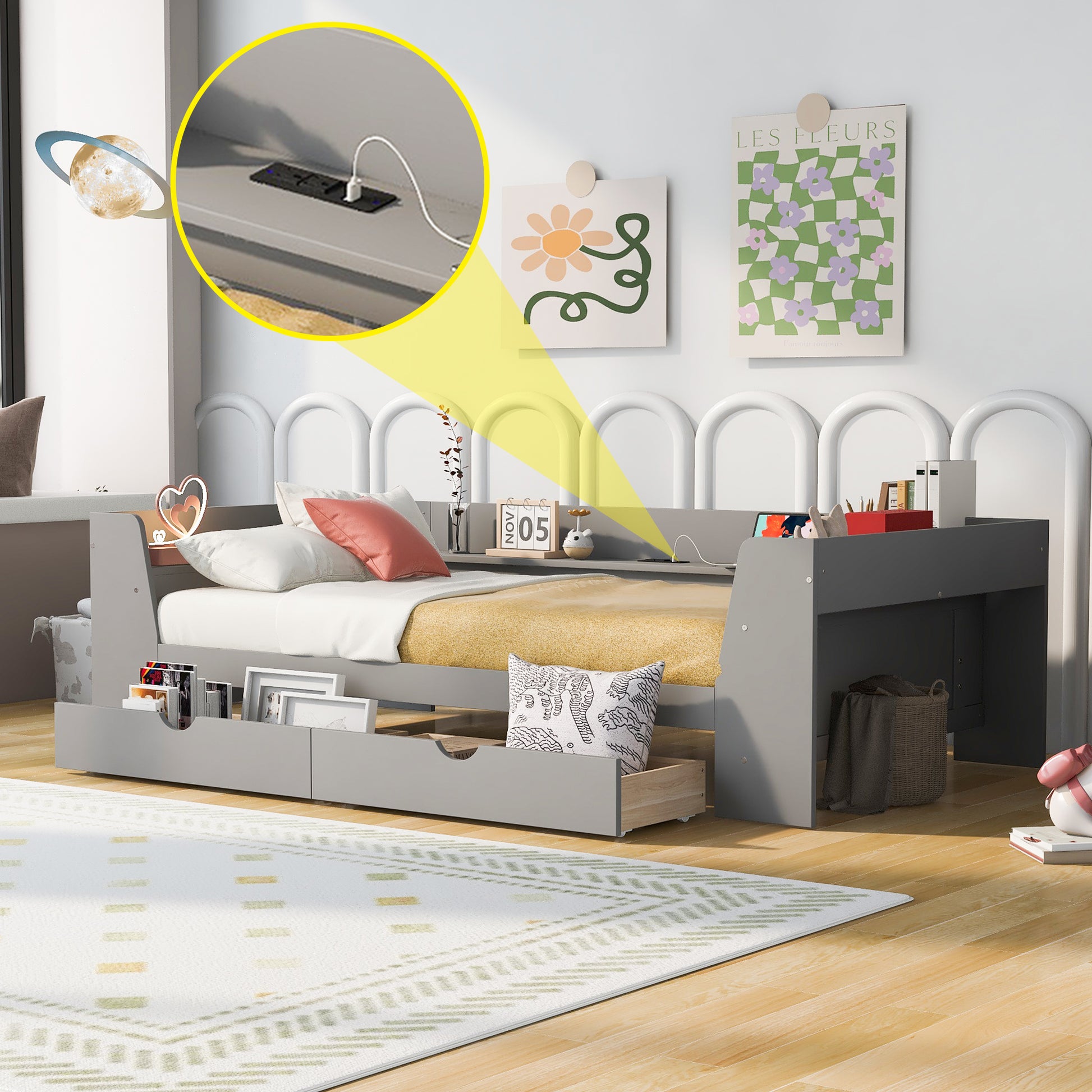 Grey upholstered daybed with builtin storage and USB charging port