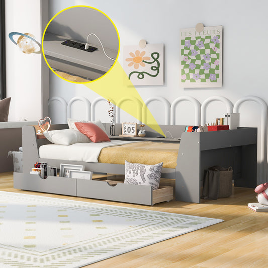 Grey upholstered daybed with builtin storage and USB charging port