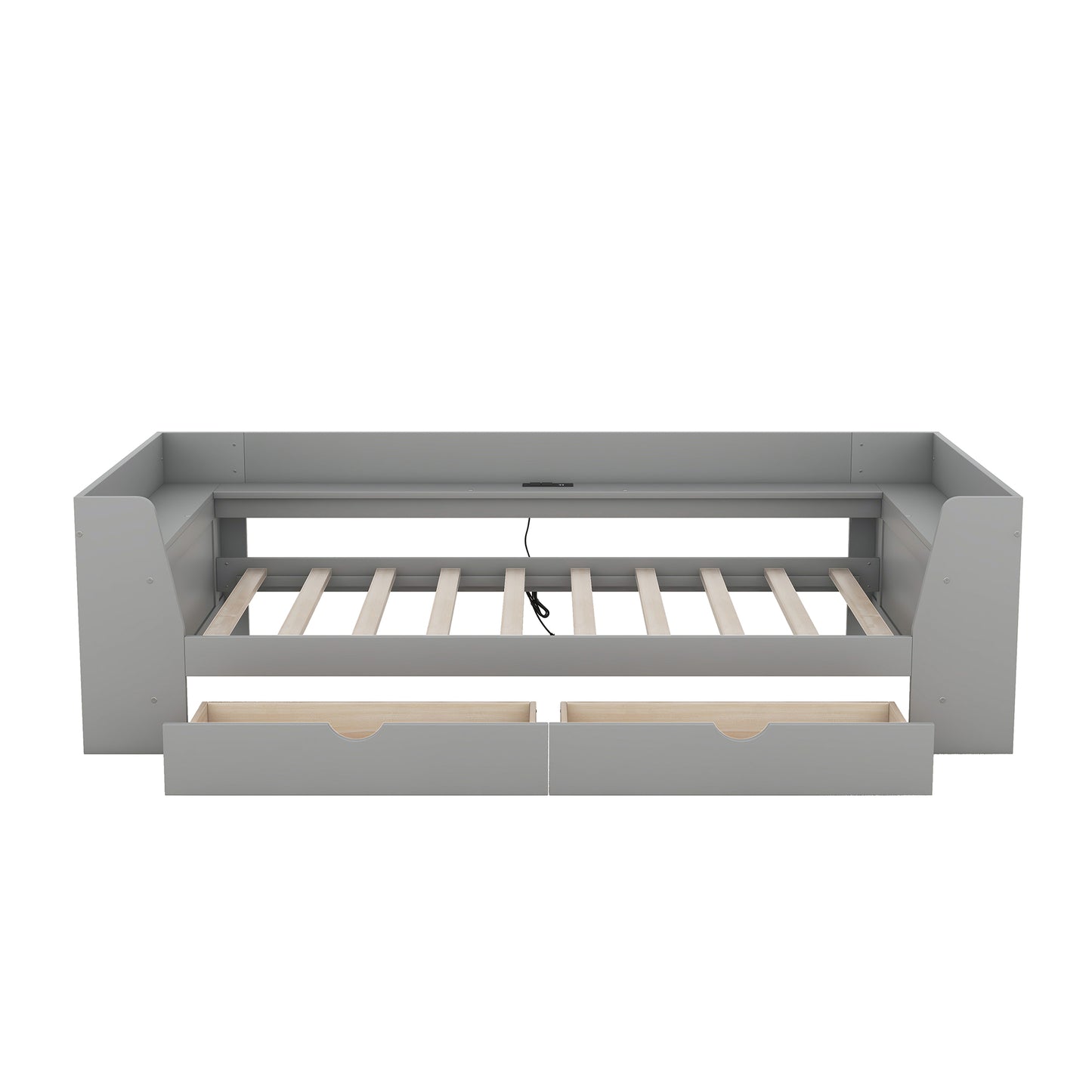 Gray upholstered daybed with pullout drawers and integrated charging station