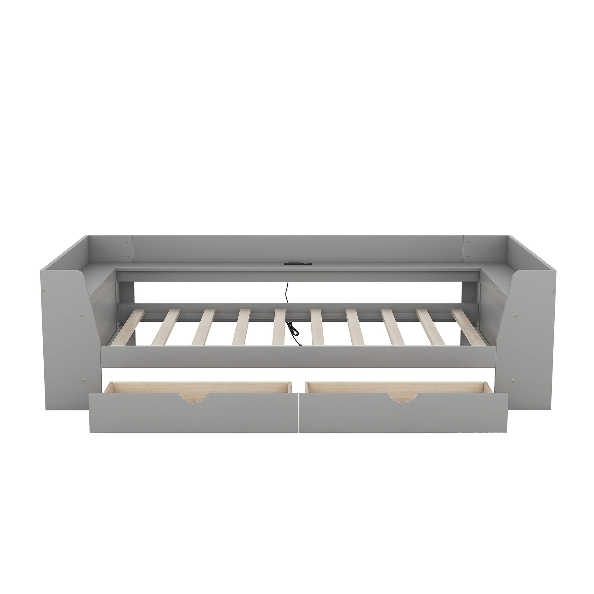 Gray upholstered daybed with pullout drawers and integrated charging station