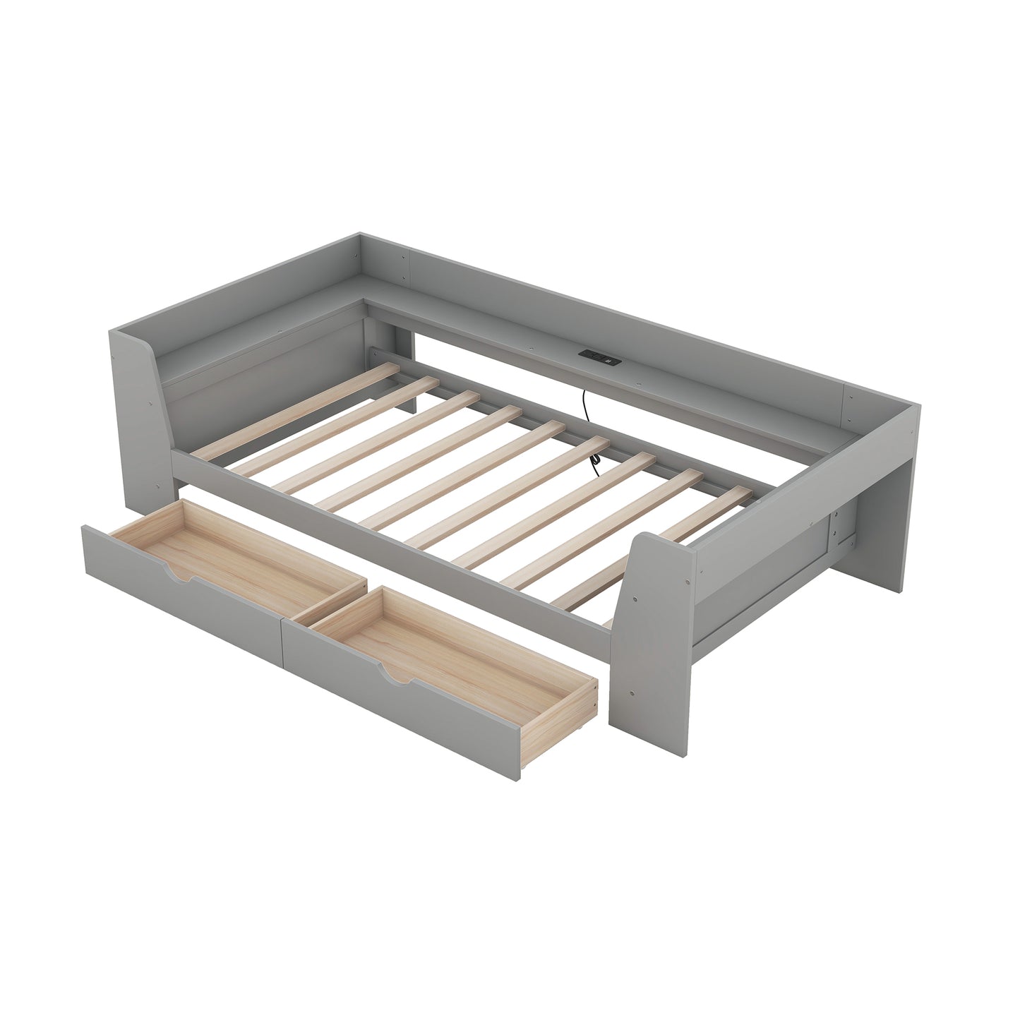Gray twin daybed with two pullout drawers and USB charging ports