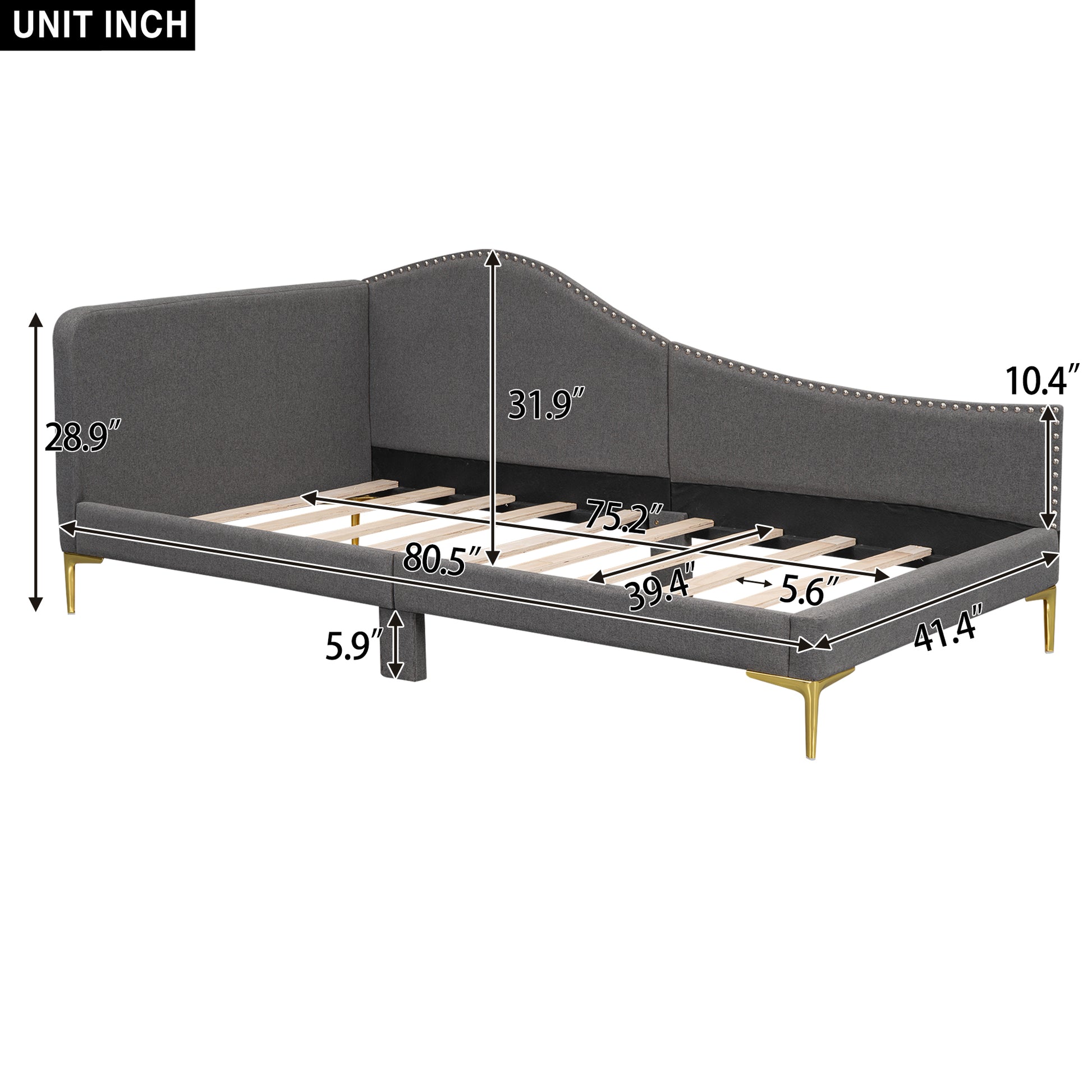 Dark gray upholstered daybed frame with gold legs and studded trim