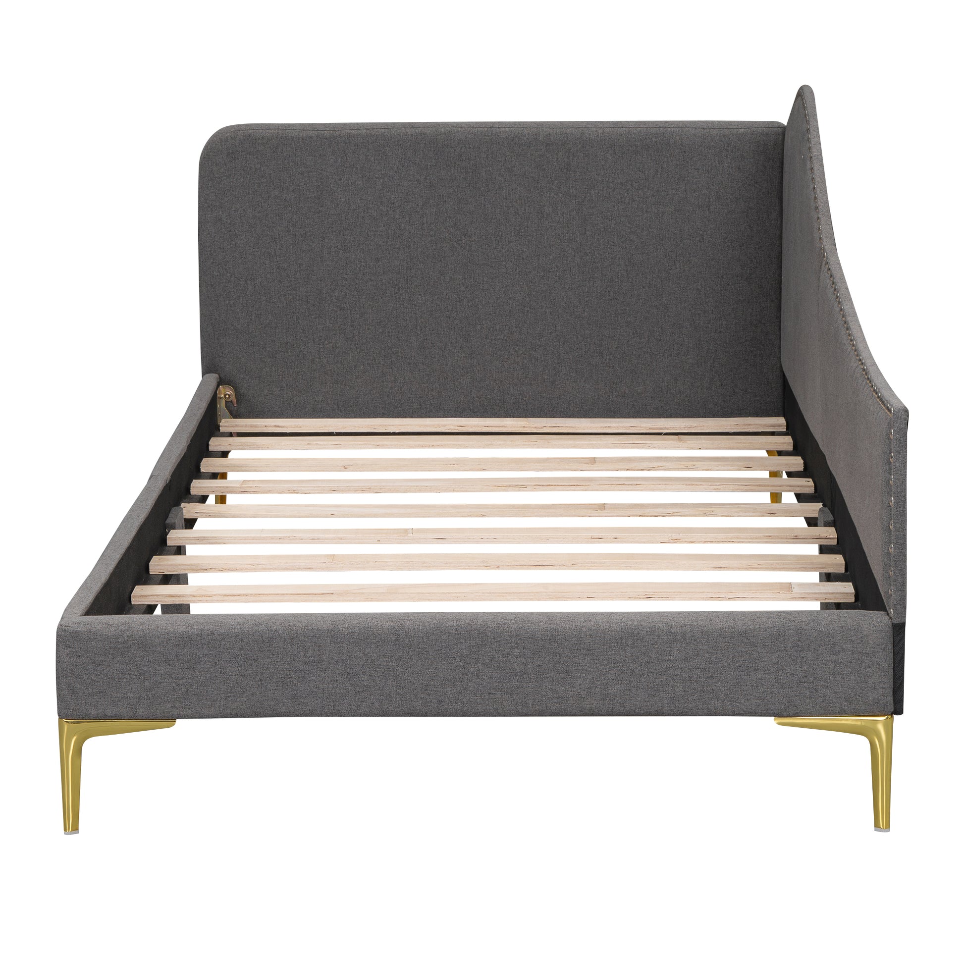Dark gray upholstered platform bed frame with gold legs and wooden slats