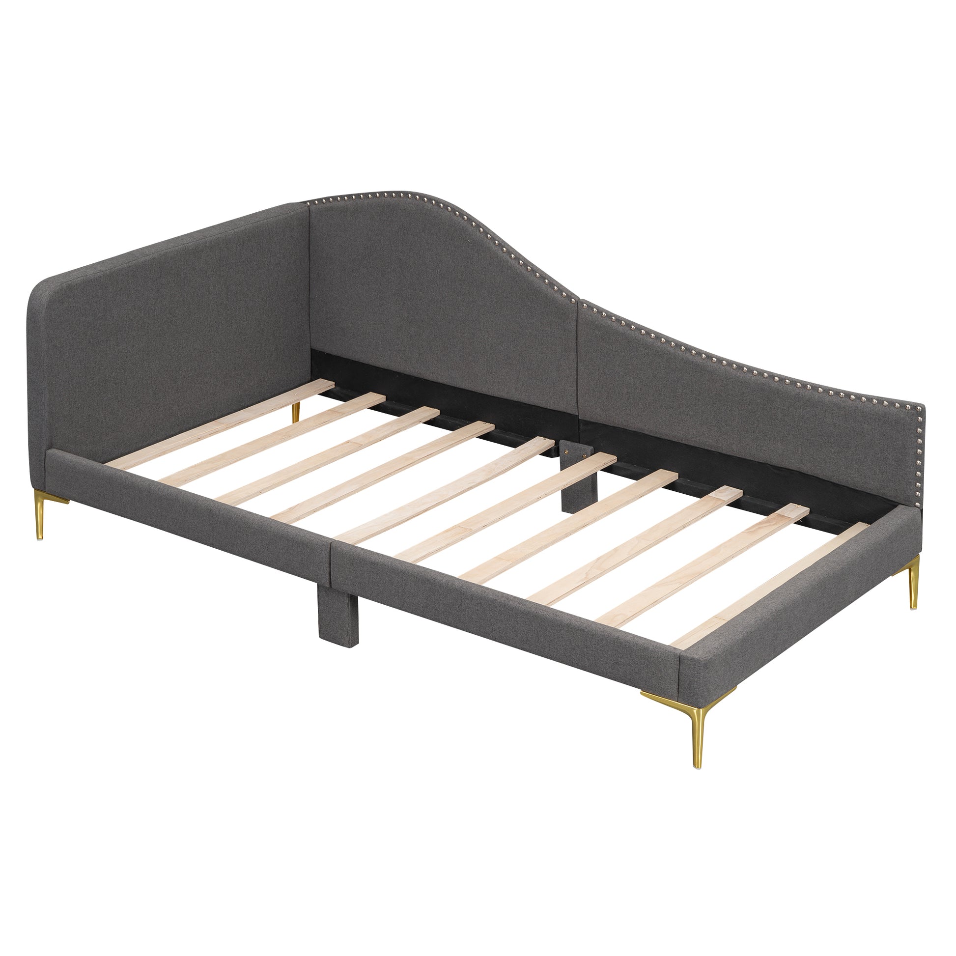 Dark gray upholstered daybed frame with gold tapered legs and silver nailhead trim