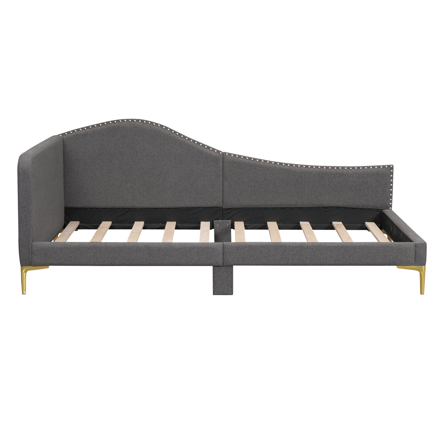 Tufted gray fabric daybed with nailhead trim and gold legs