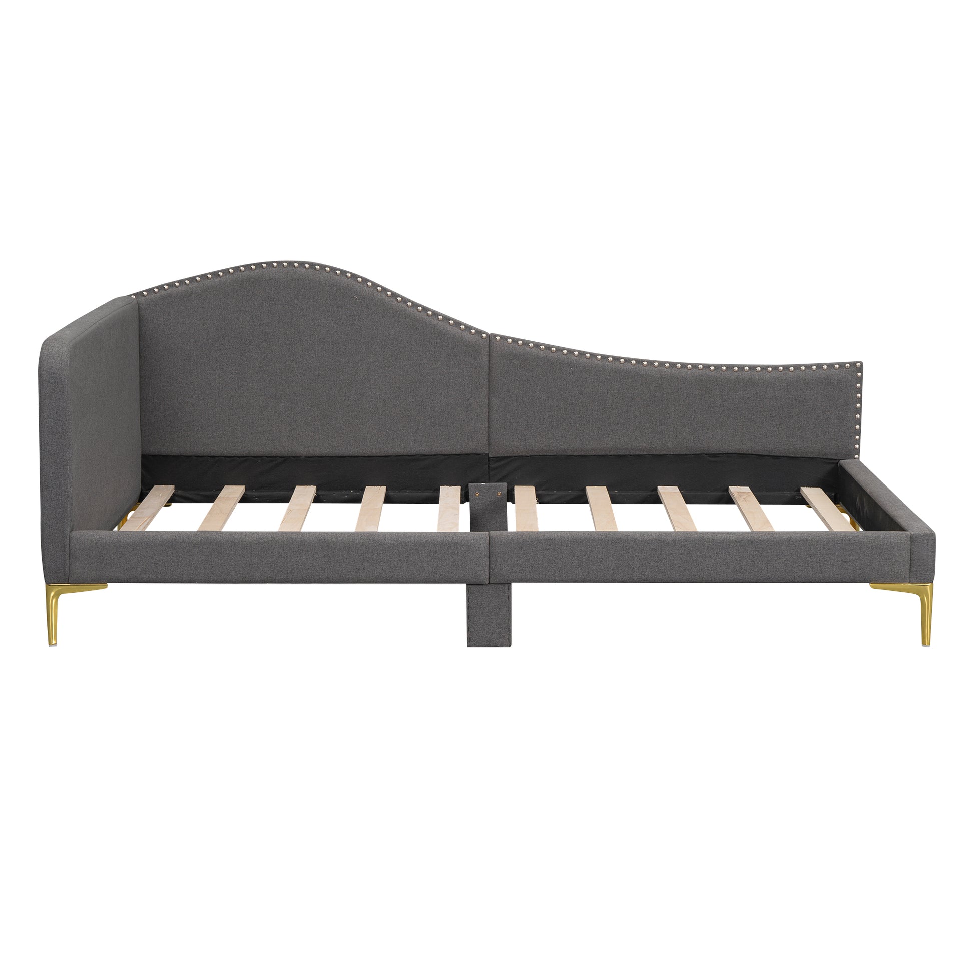 Tufted gray fabric daybed with nailhead trim and gold legs
