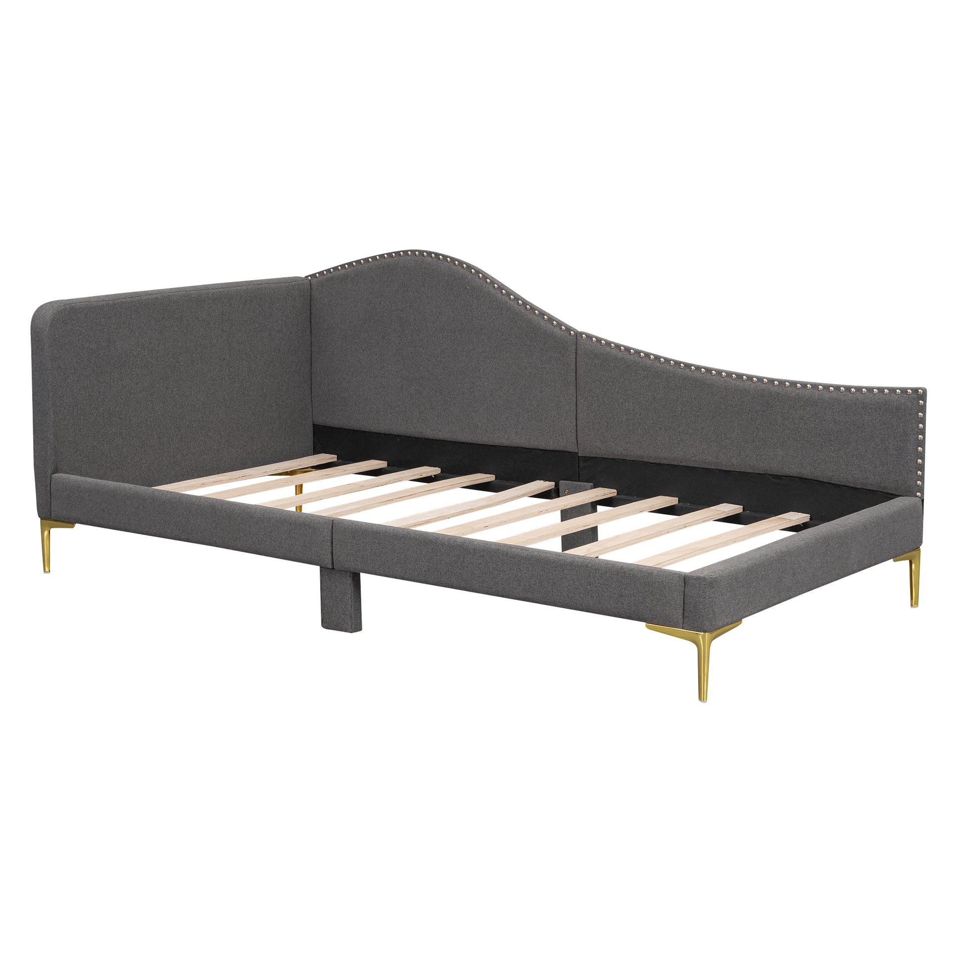 Dark gray upholstered daybed with nailhead trim and gold legs