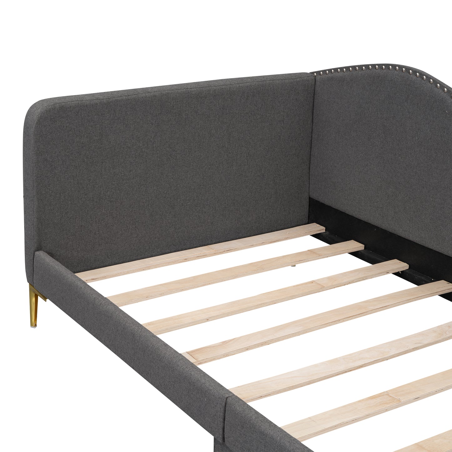 Dark grey upholstered bed frame with gold legs and wooden slats