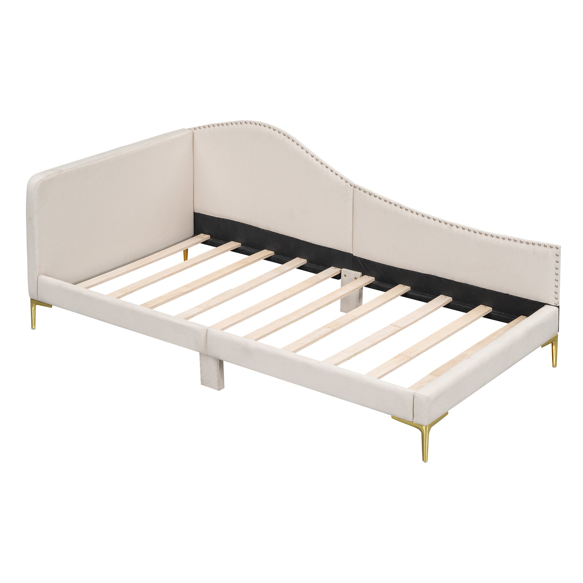 Cream velvet daybed with gold legs and studded trim