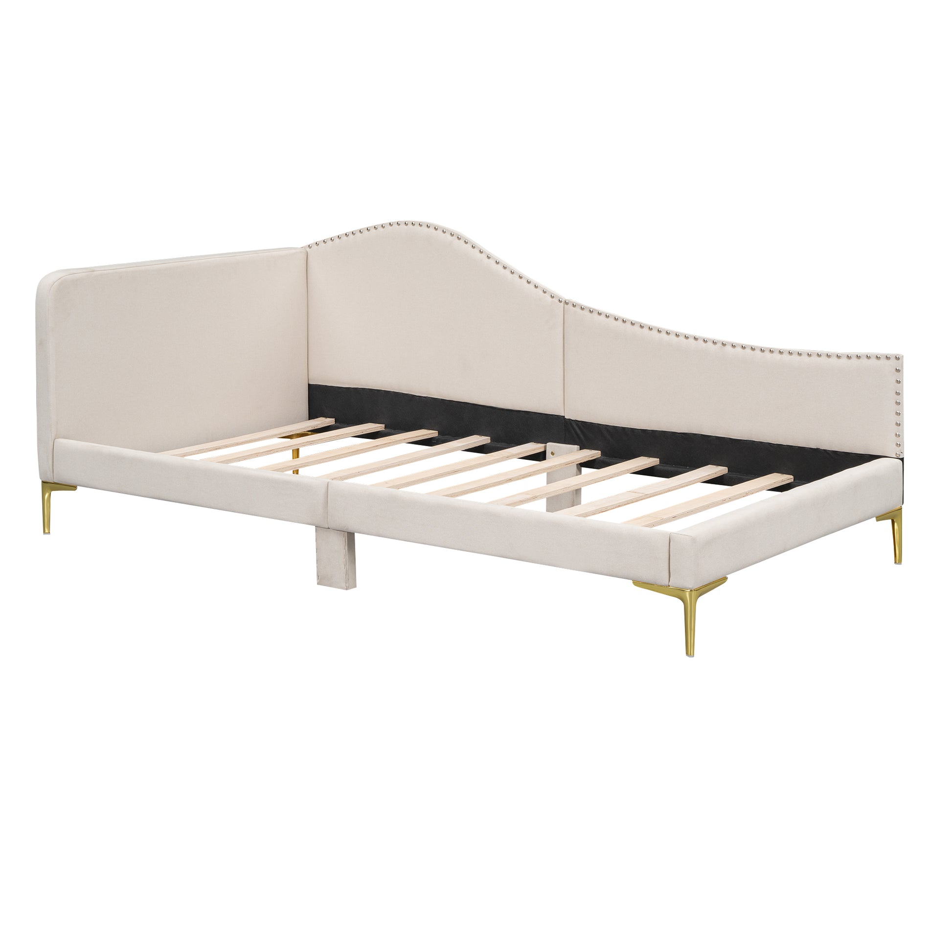 Beige upholstered daybed with studded trim and gold legs