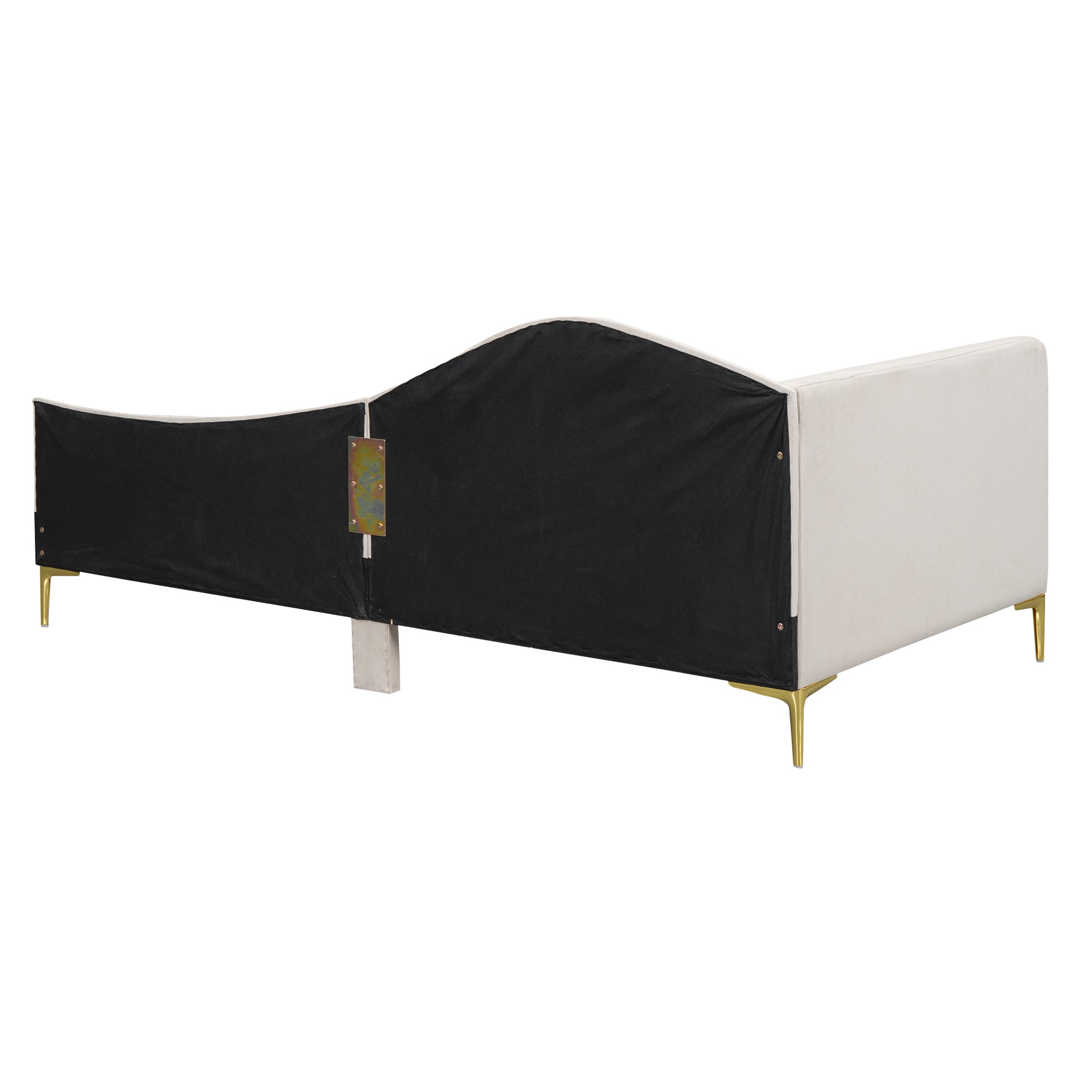 Cream velvet bed frame back detail with gold legs