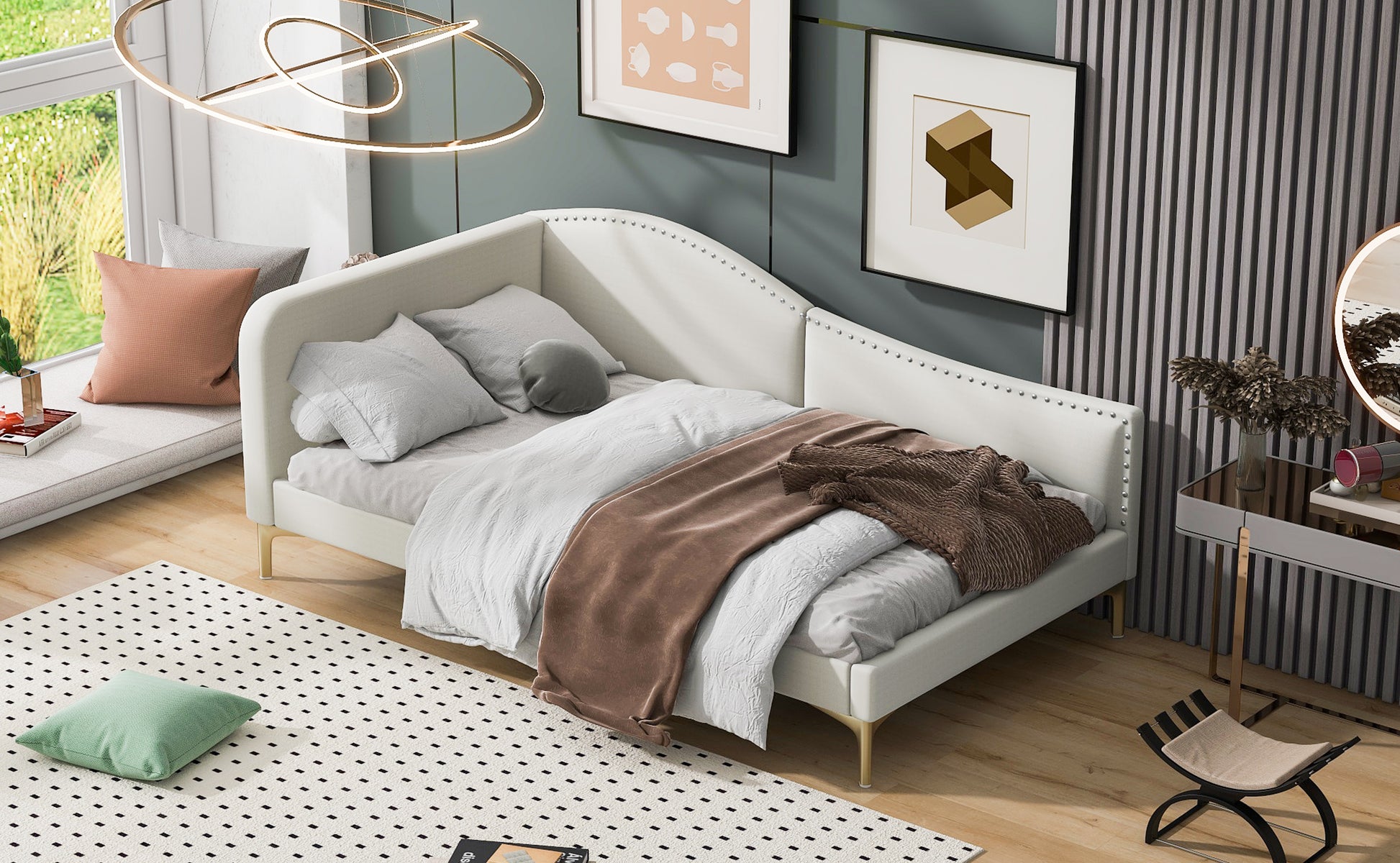 White velvet chaise lounge with gold legs and studded trim