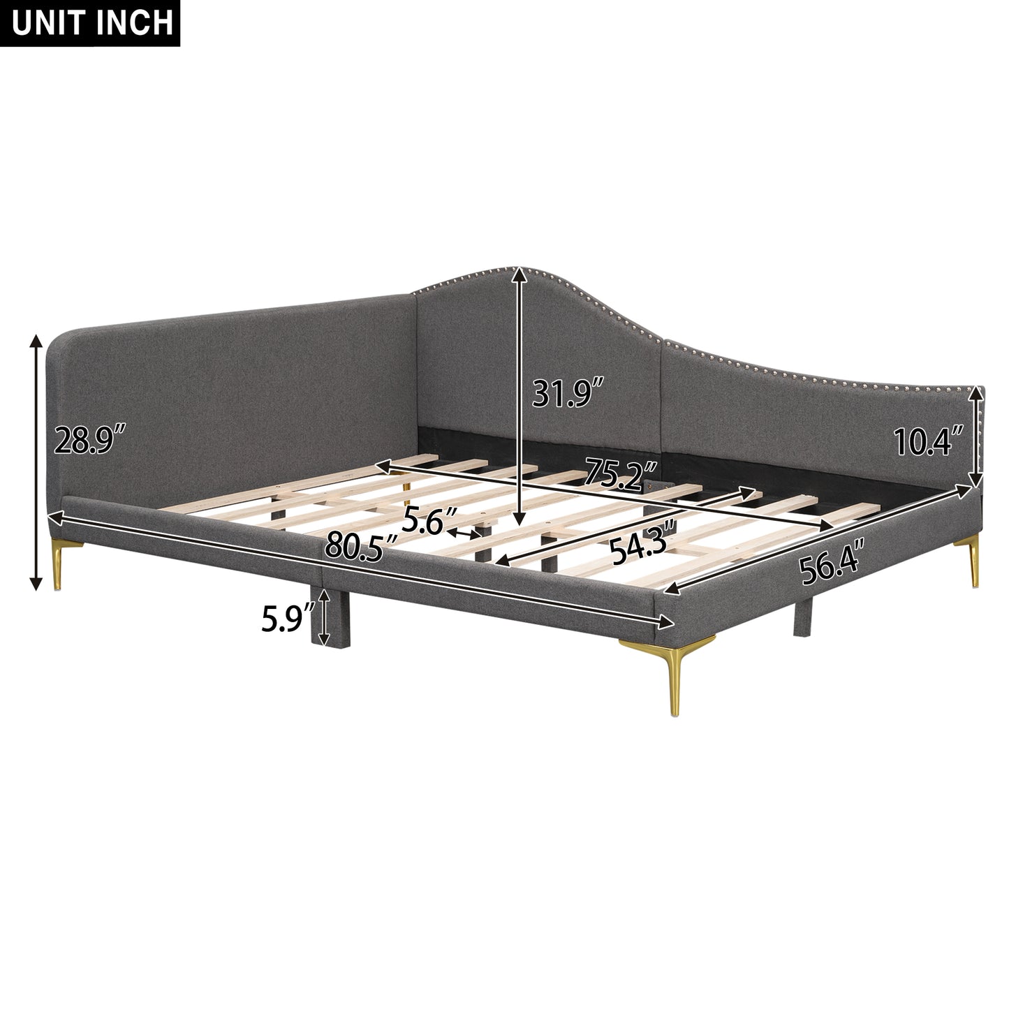Dark gray upholstered daybed with tufted accents and gold legs