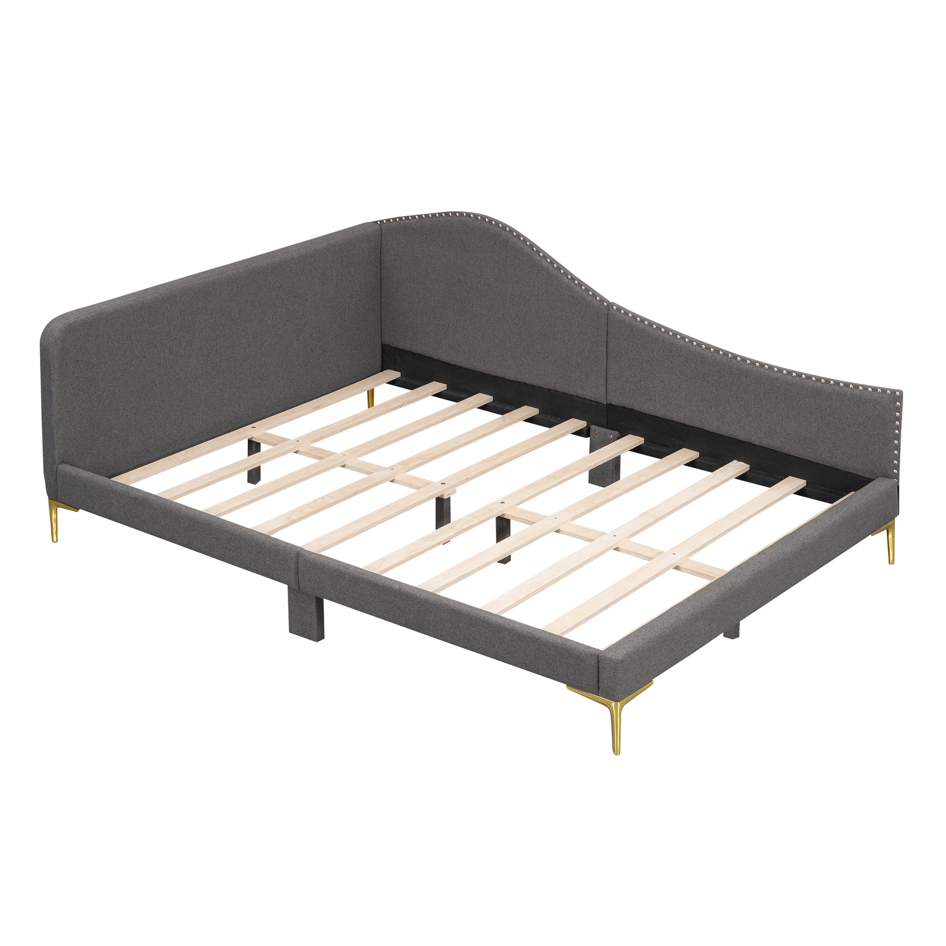 Grey upholstered bed frame with gold legs and wooden slats