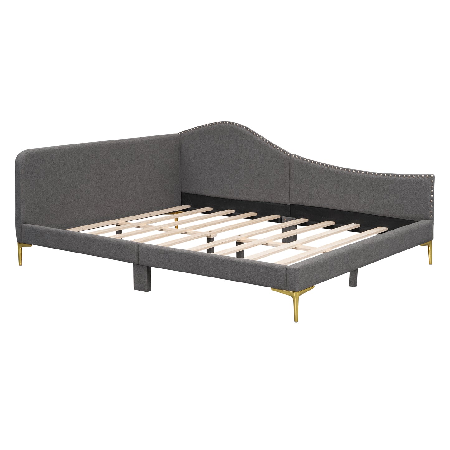 Dark grey fabric daybed frame with curved headboard and gold metal legs