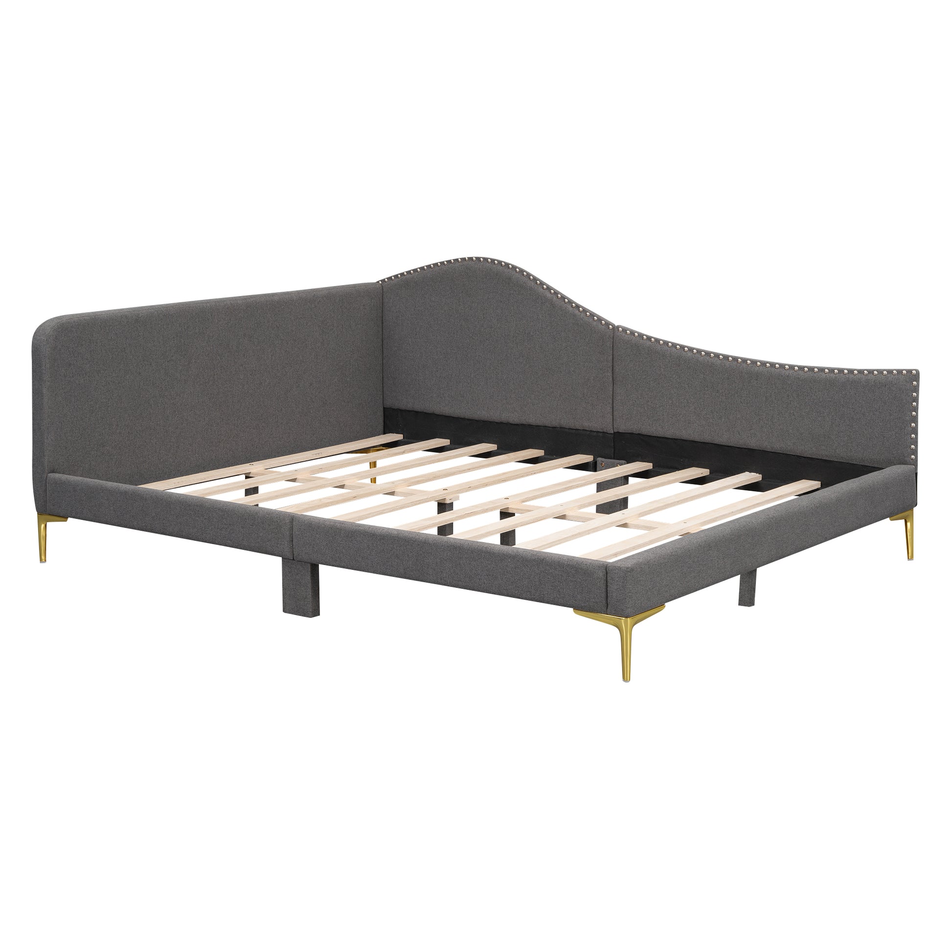 Dark grey fabric daybed frame with curved headboard and gold metal legs
