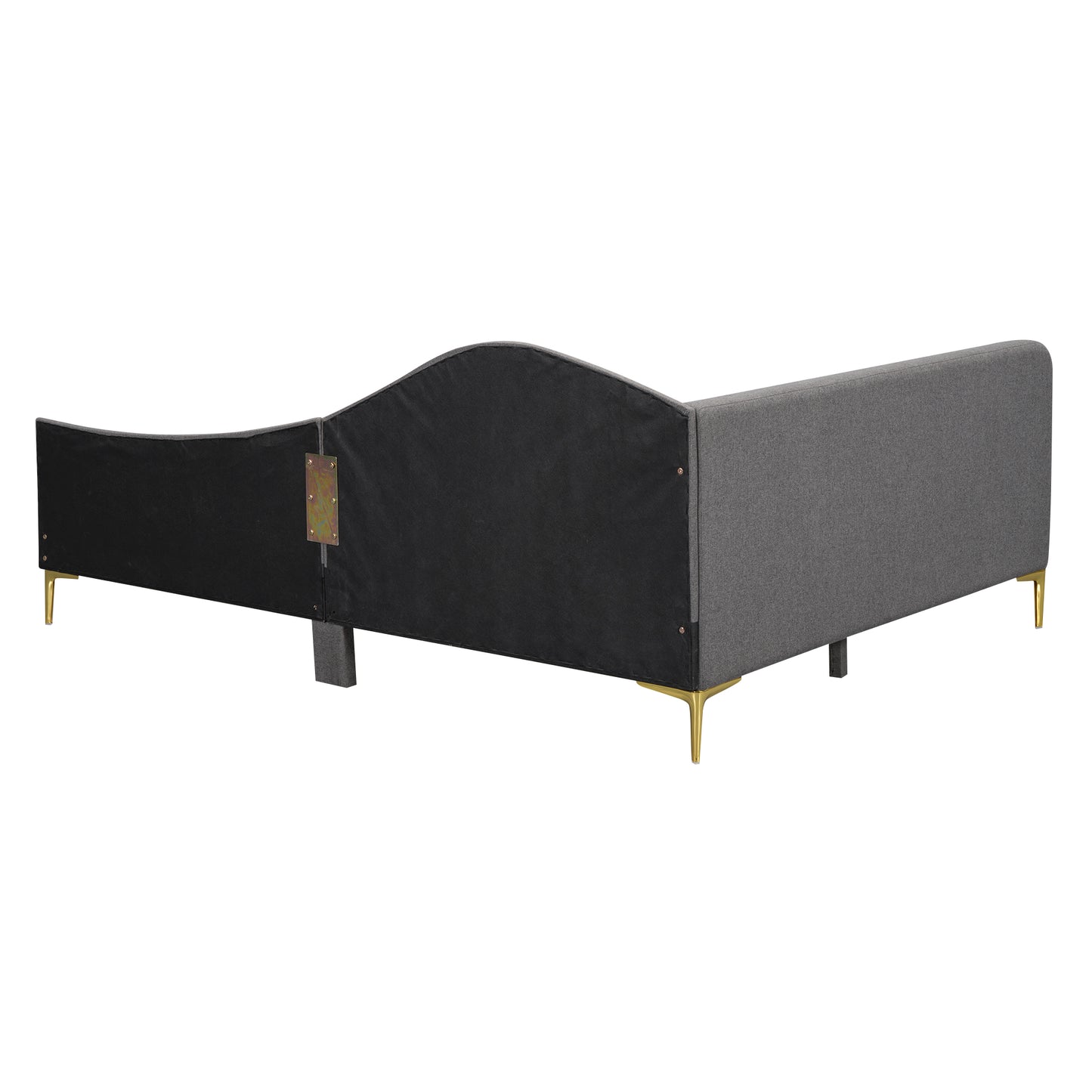 Gray upholstered bed frame with curved headboard and gold metal legs