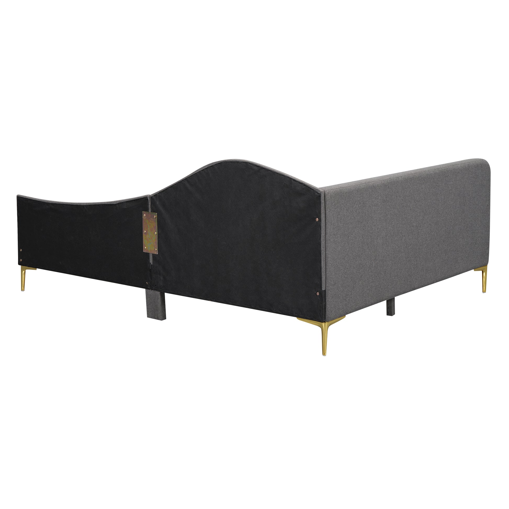 Gray upholstered bed frame with curved headboard and gold metal legs