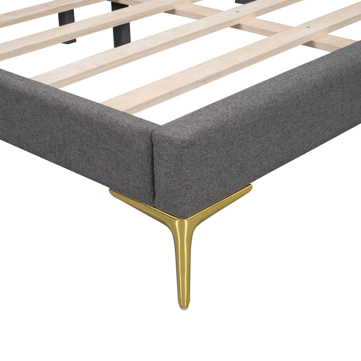 Grey upholstered bed frame with gold tapered legs