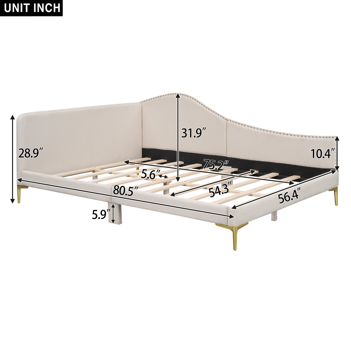 Beige upholstered daybed frame with studded headboard and gold legs