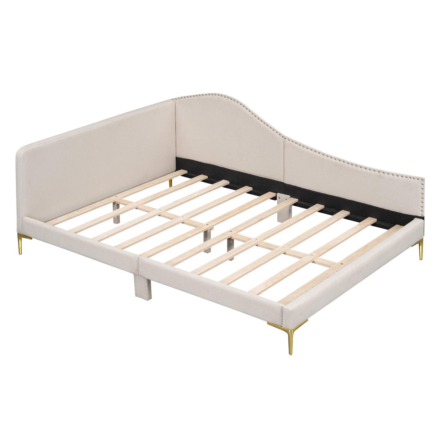 Cream upholstered daybed frame with gold legs and button tufting