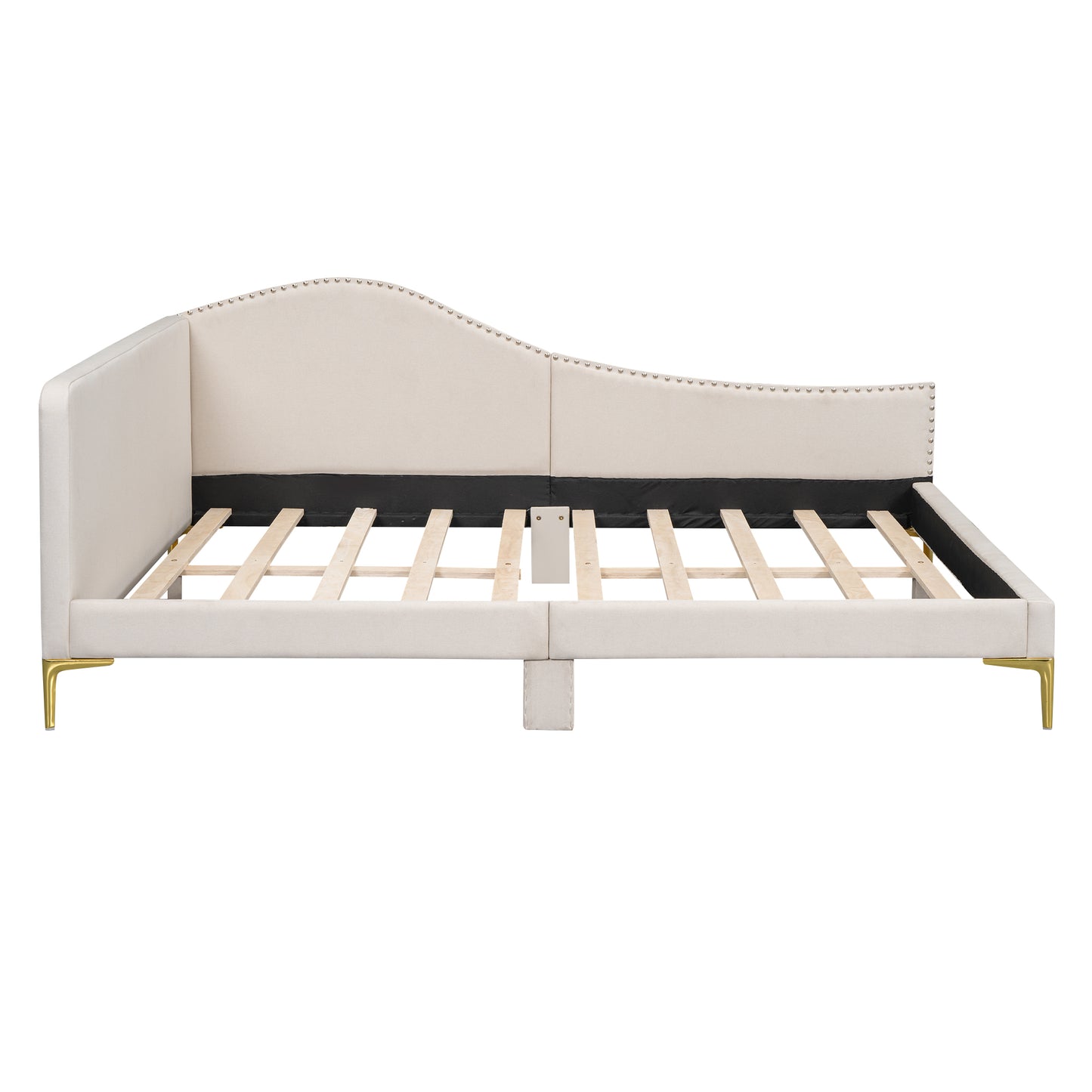Elegant beige upholstered daybed with nailhead trim and gold legs