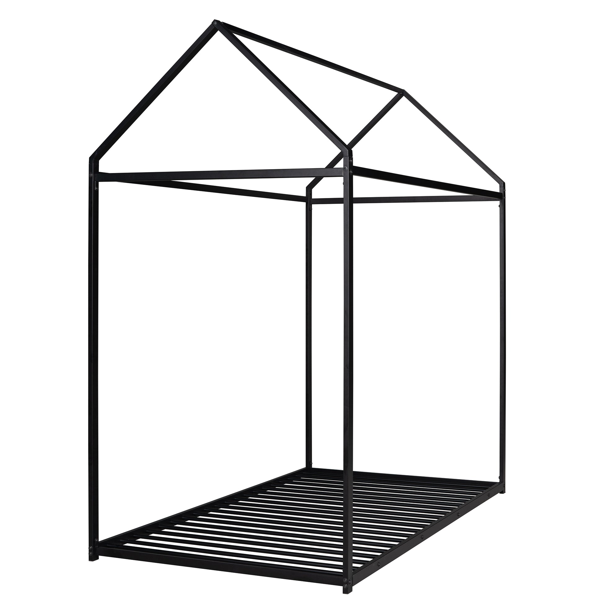 Black metal house bed frame with slatted base for toddlers