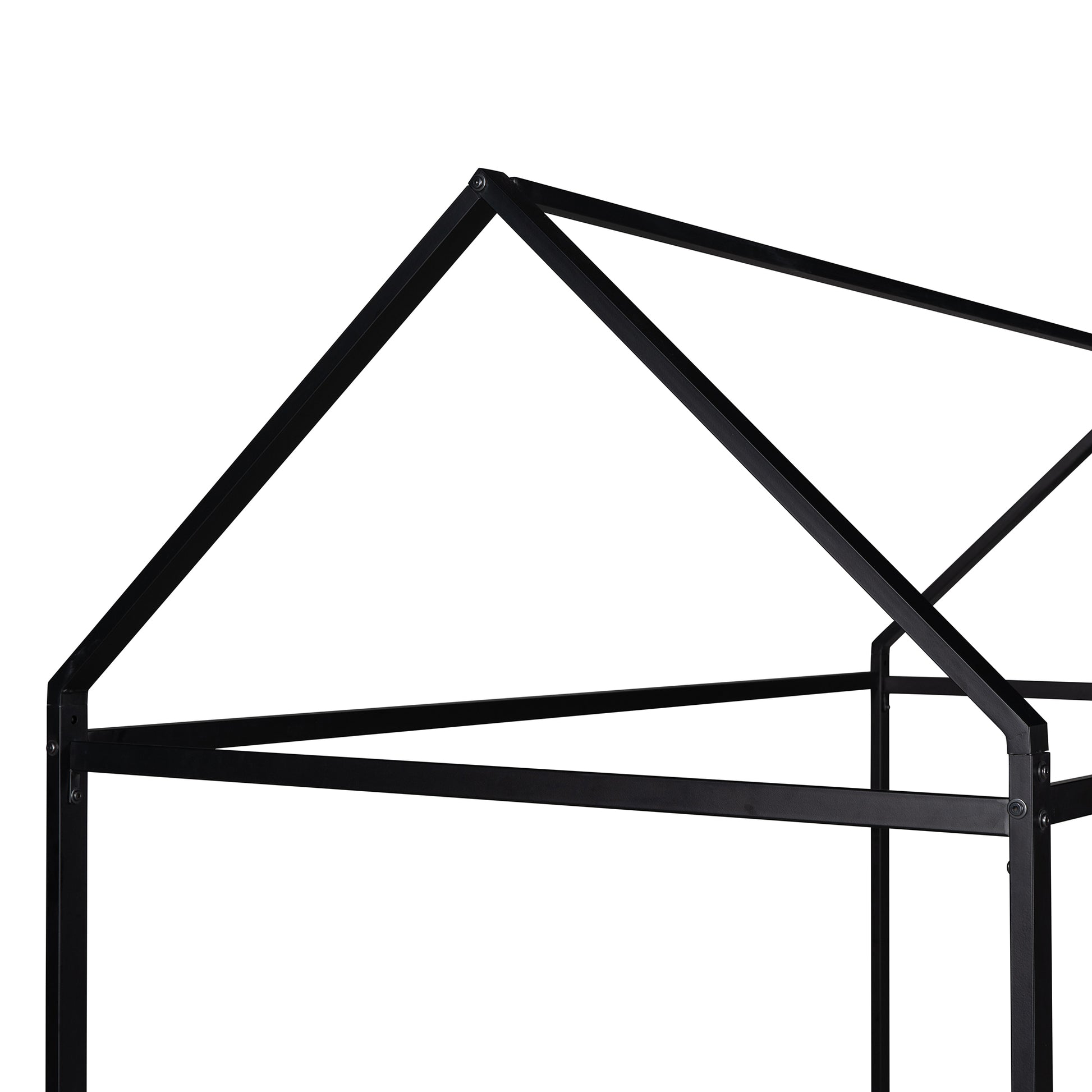 Black metal house bed frame with angled roof