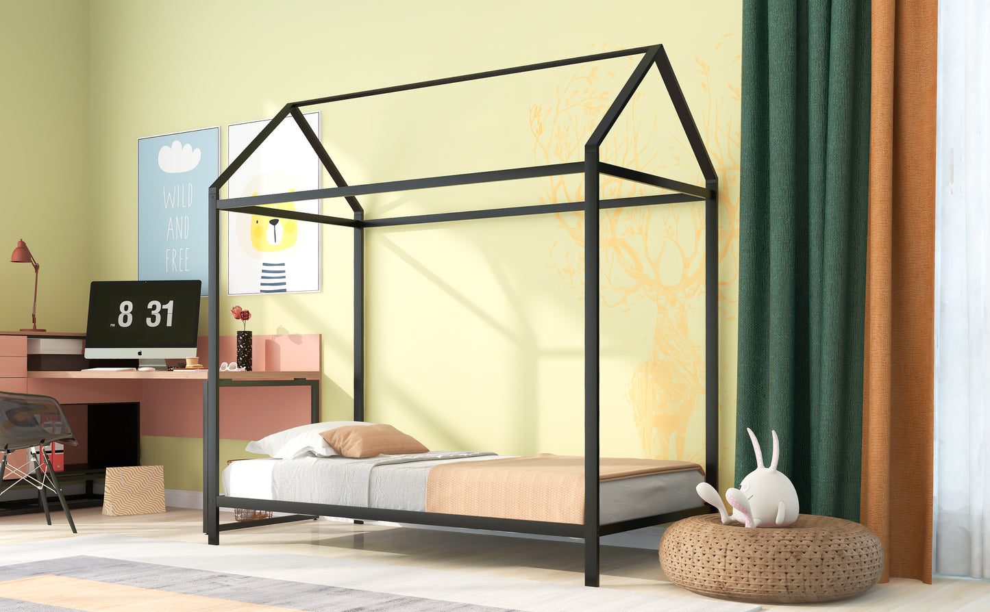 Black metal house bed frame for kids room