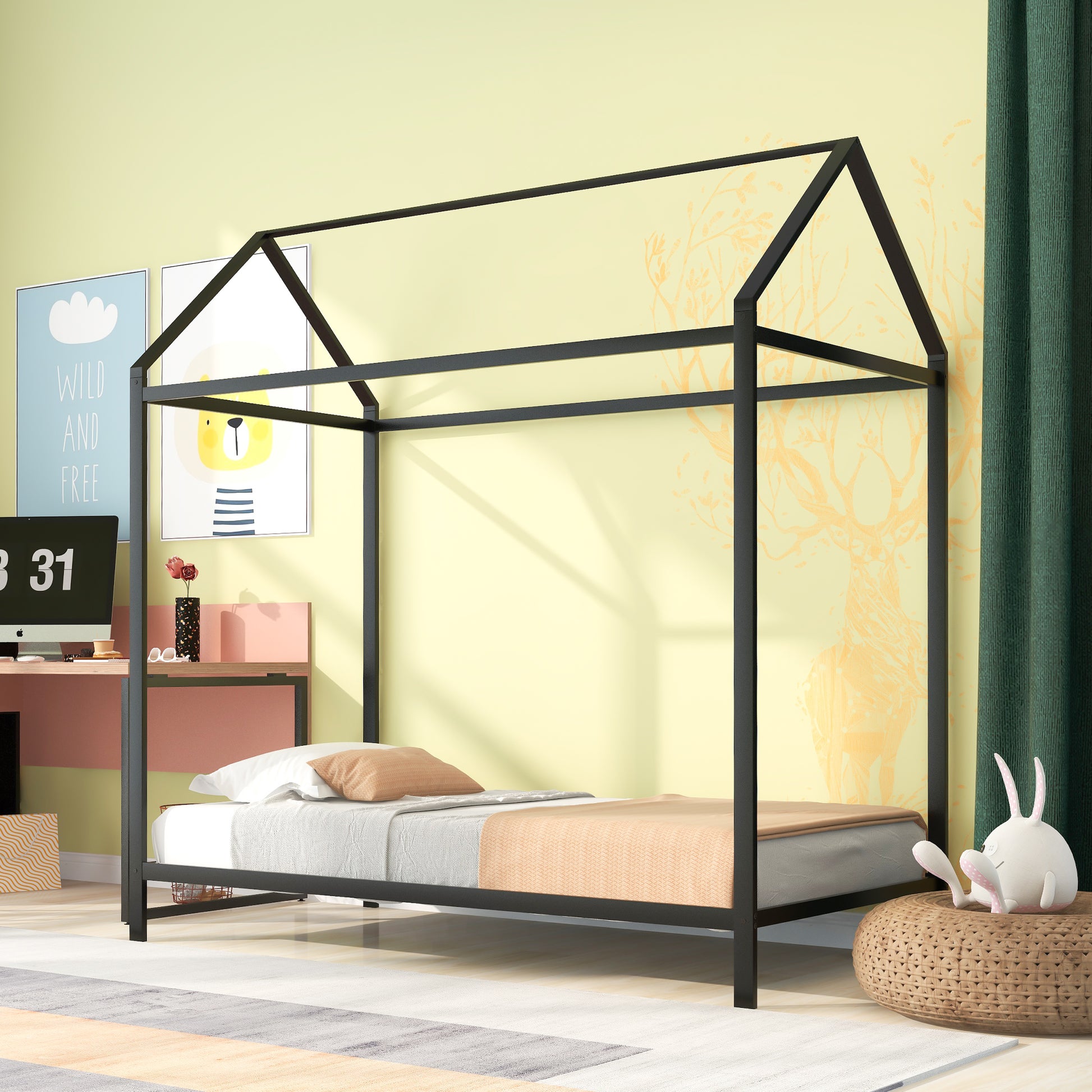 Black metal house frame bed with white and peach bedding for childrens room