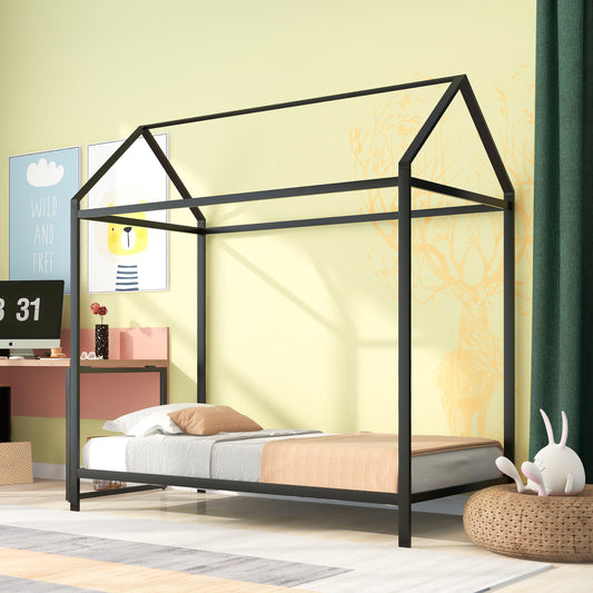 Black metal house frame bed with white and peach bedding for childrens room