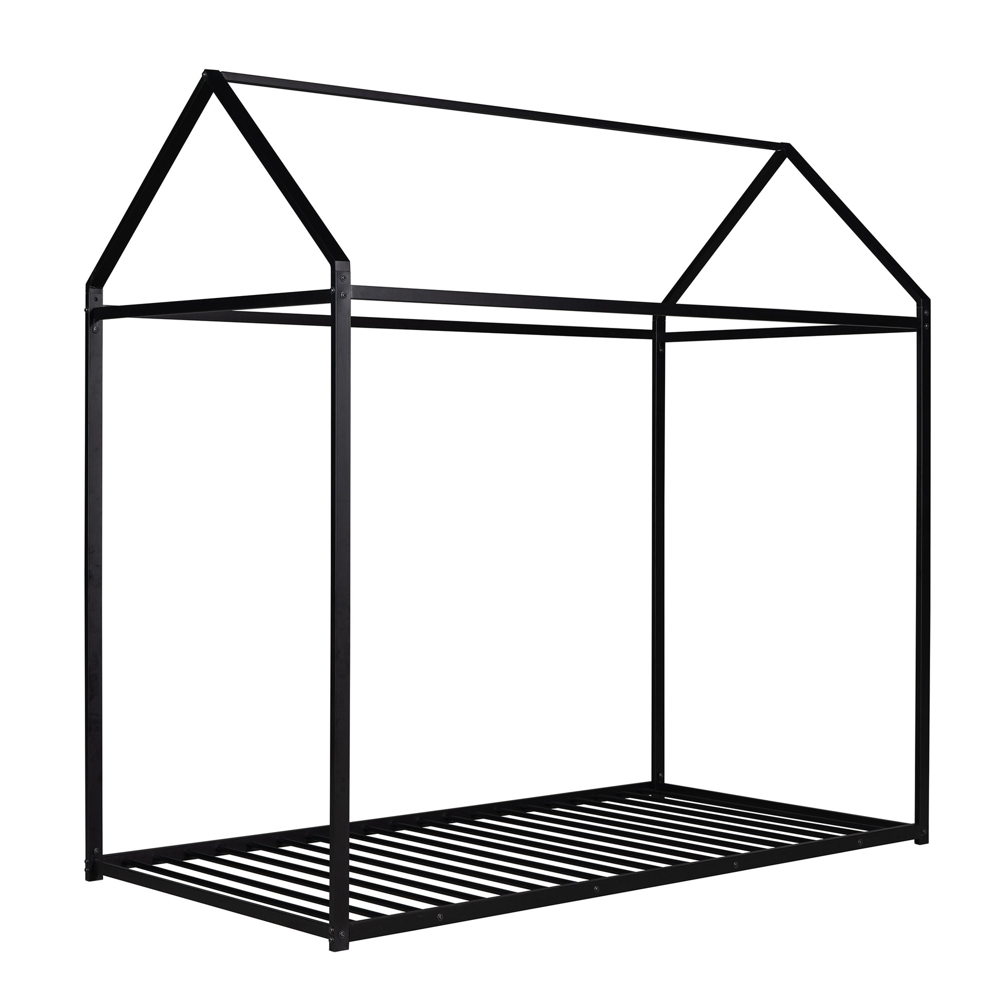 Black metal house bed frame with a minimalist design