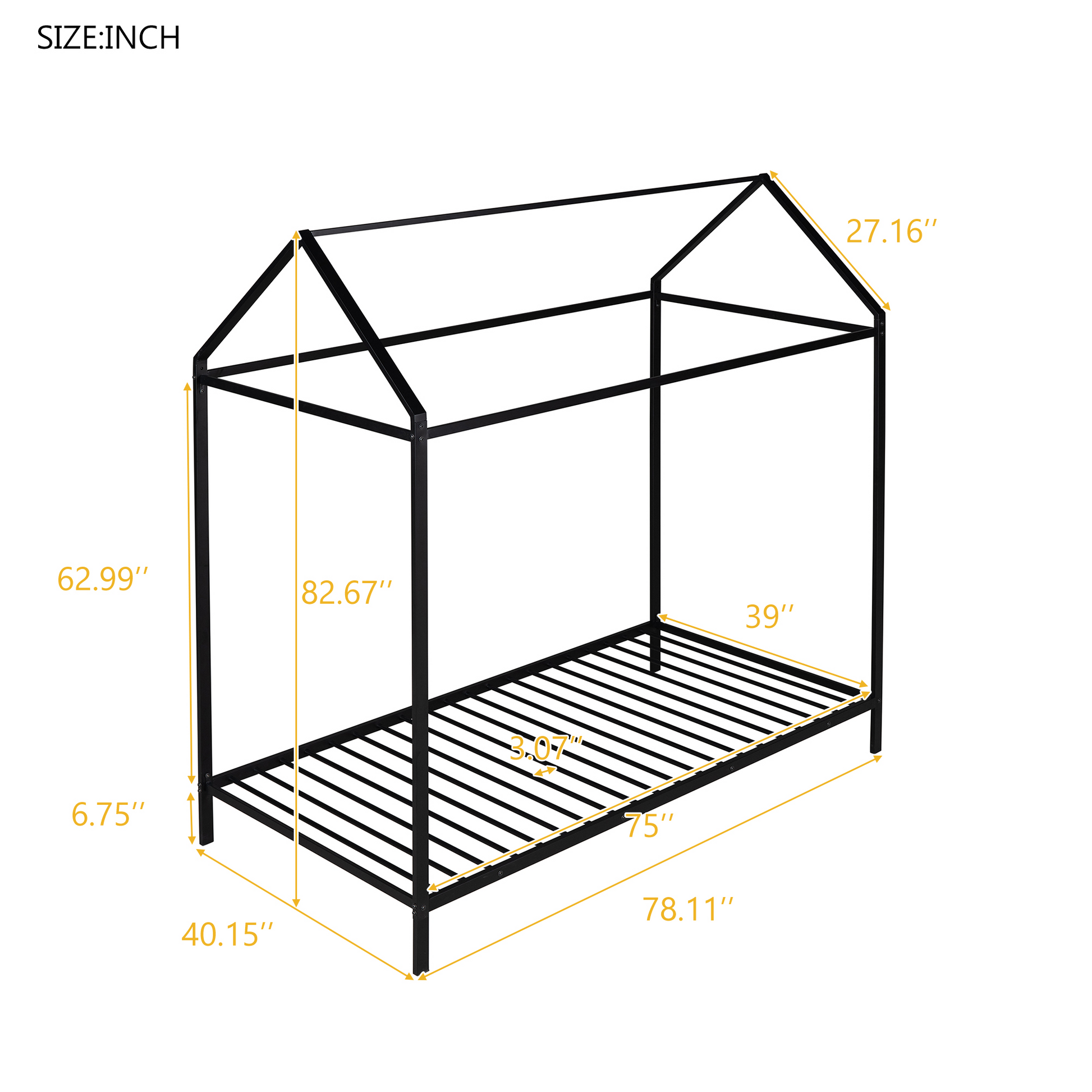 Black metal house frame bed with dimensions