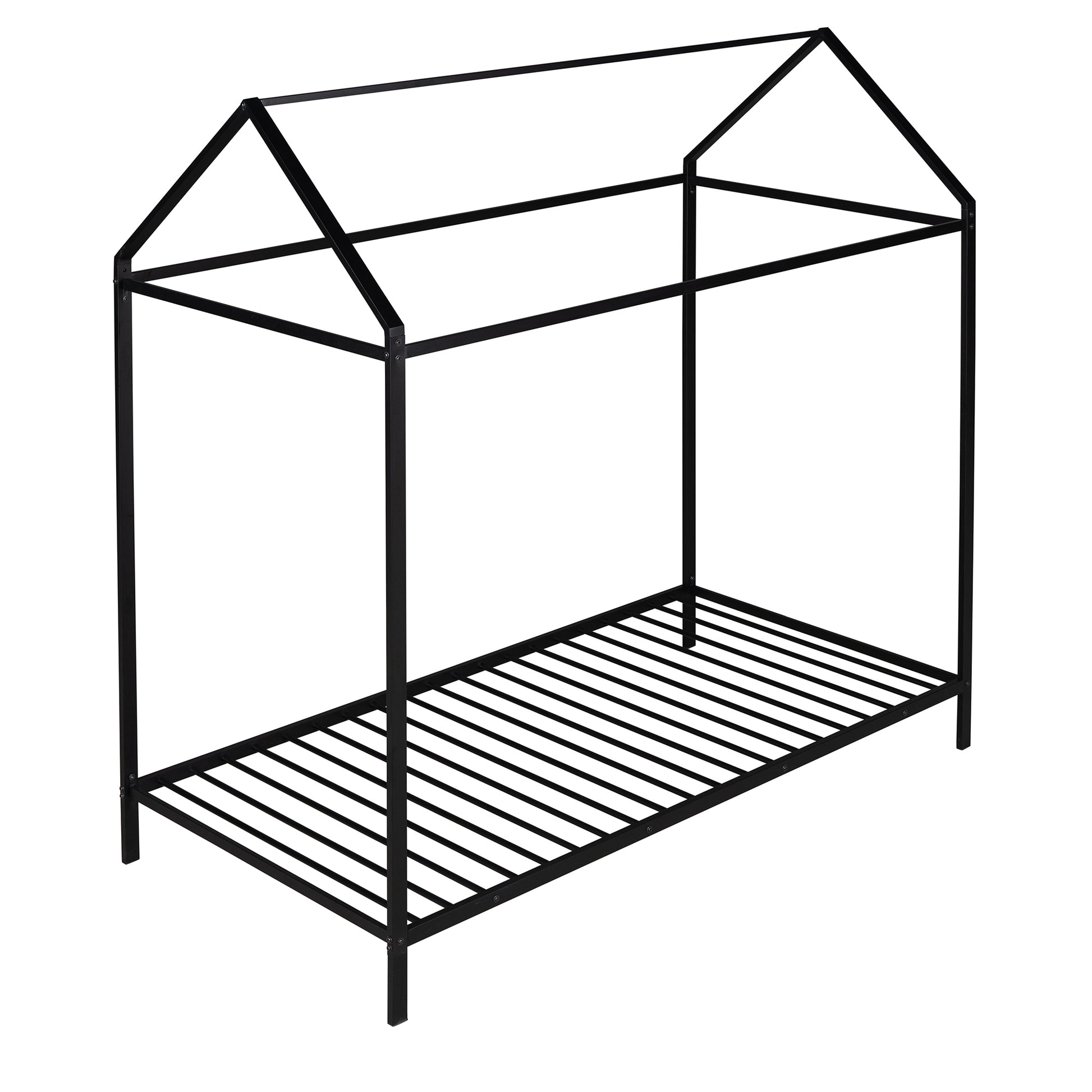 Black metal house bed frame with slatted base
