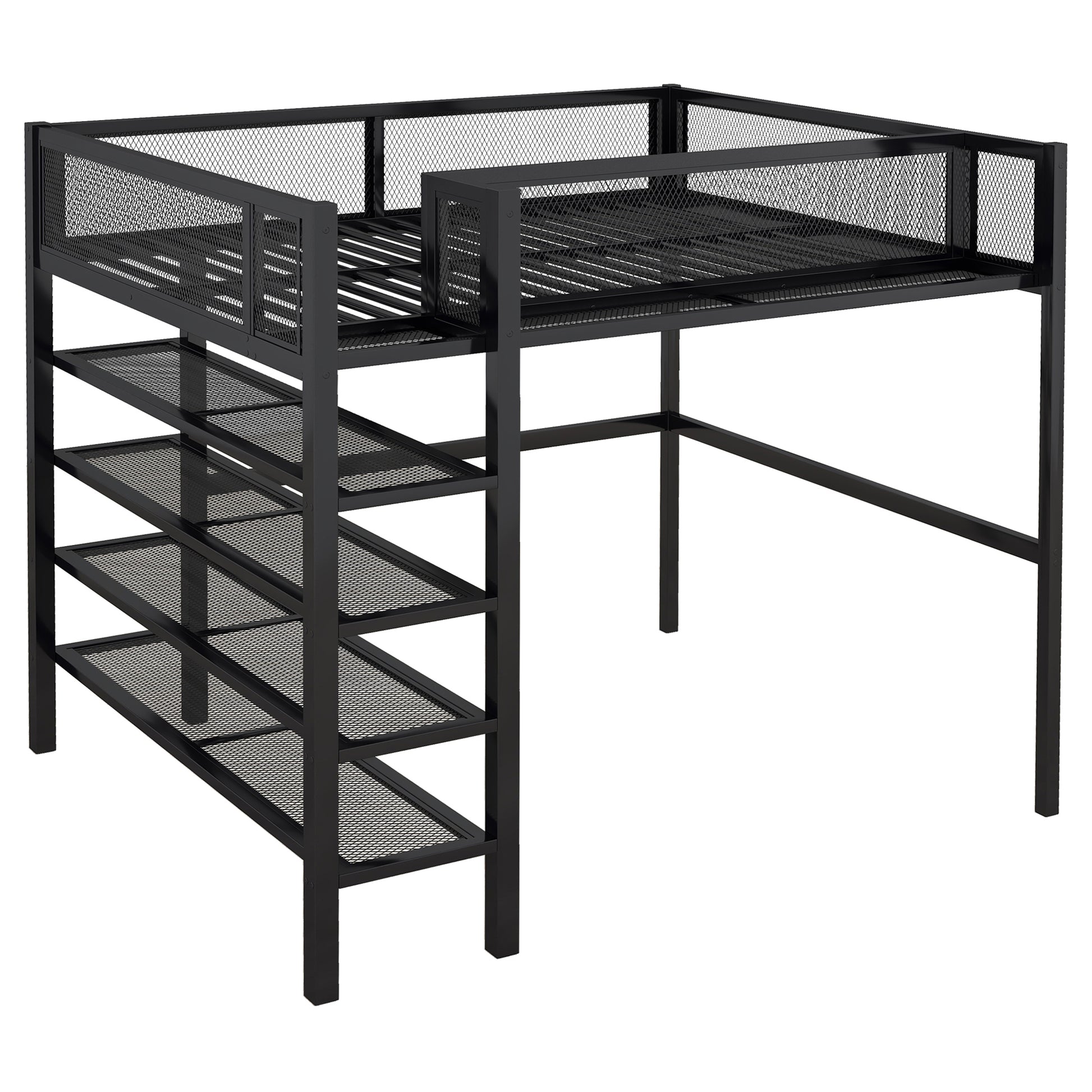 Black metal loft bed with integrated shelving and mesh guardrails