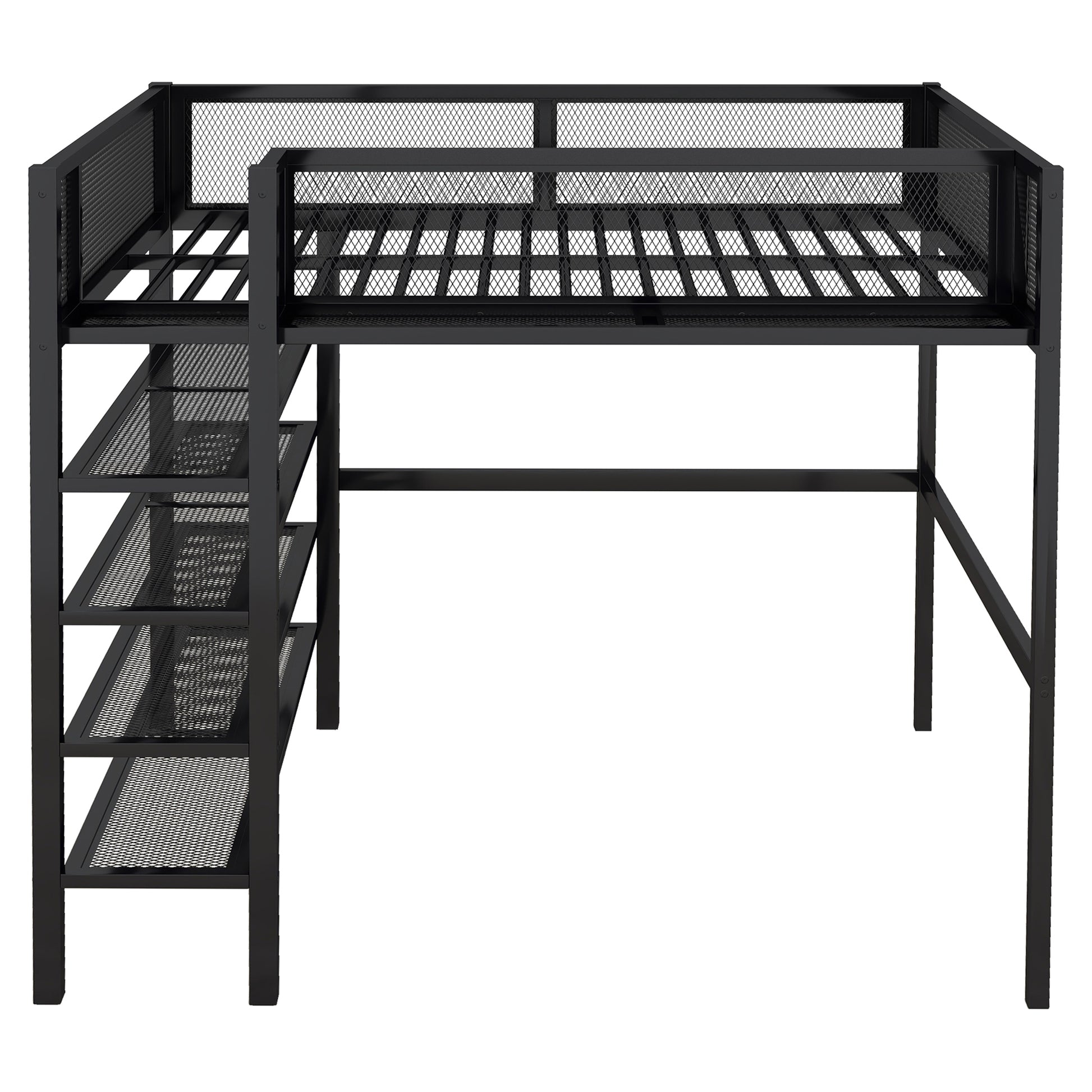 Black metal loft bed with mesh railing and integrated shelving unit