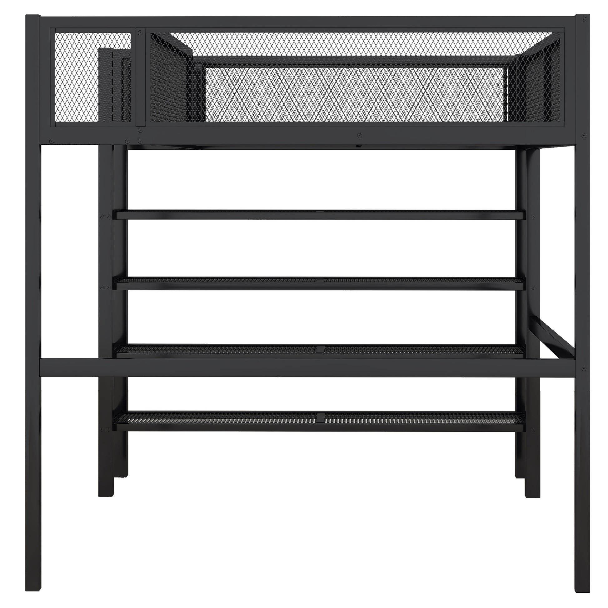Black metal loft bed frame with integrated desk and shelving