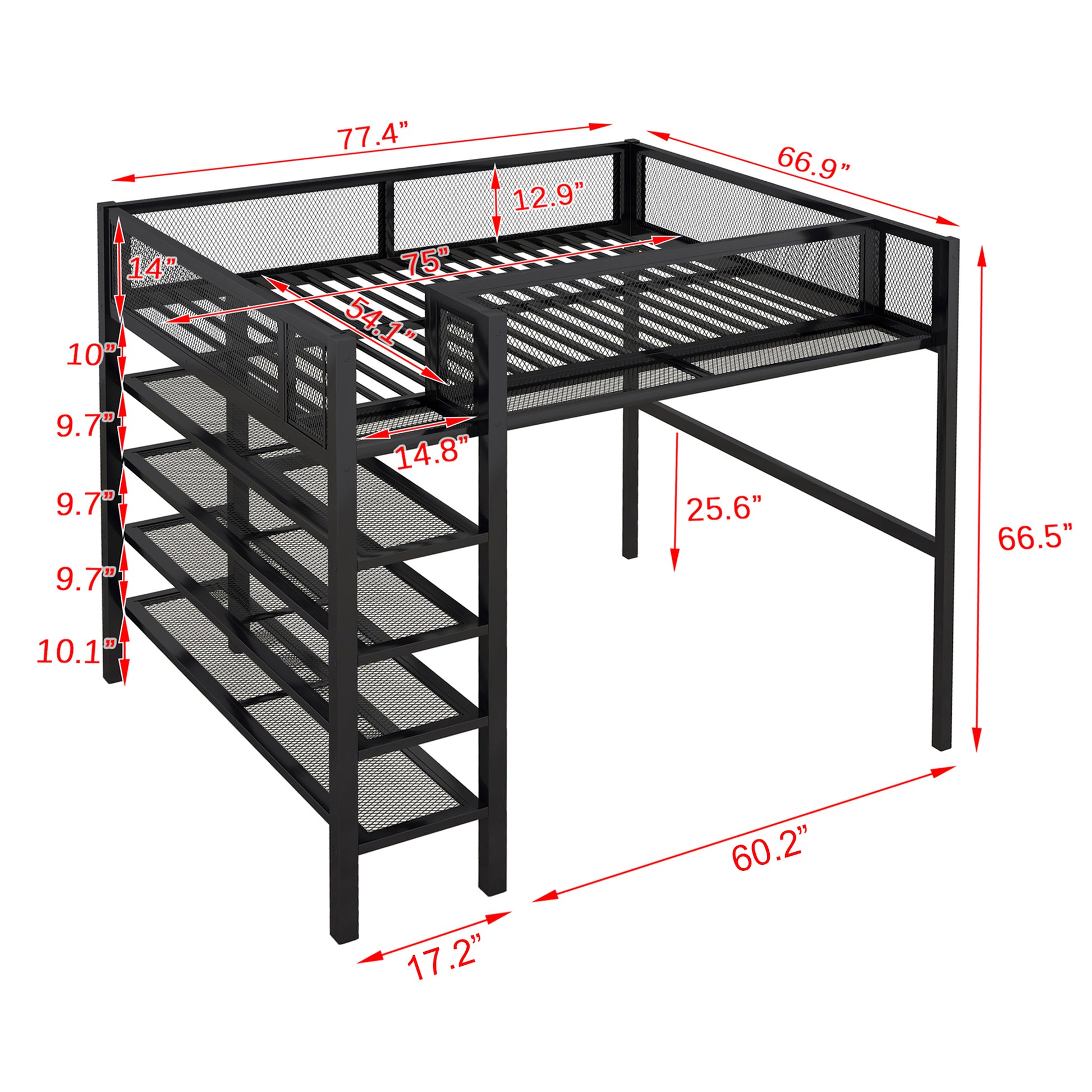Black metal loft bed with integrated shelving and dimensions labeled