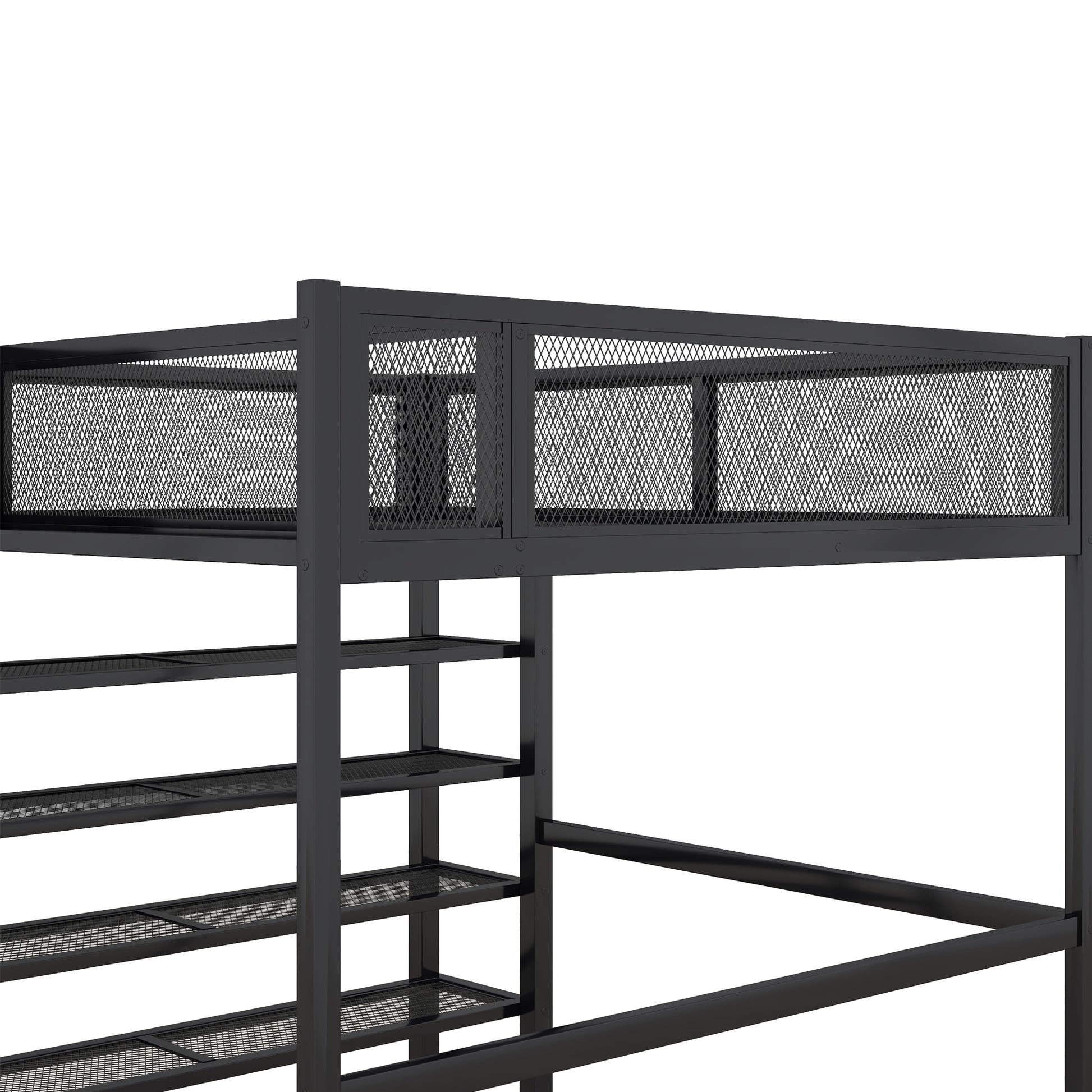 Black metal loft bed frame with wire mesh railing and shelves