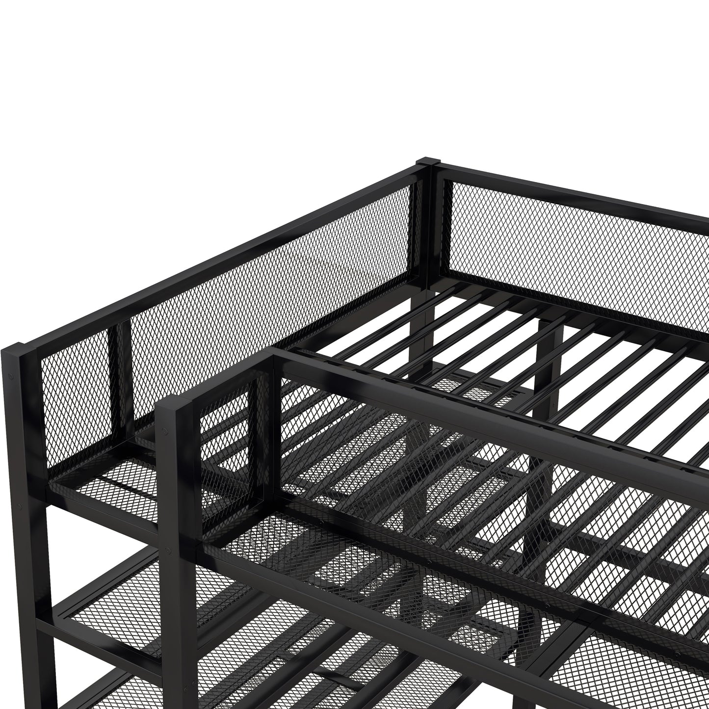 Black metal loft bed frame with mesh guardrails and slatted base