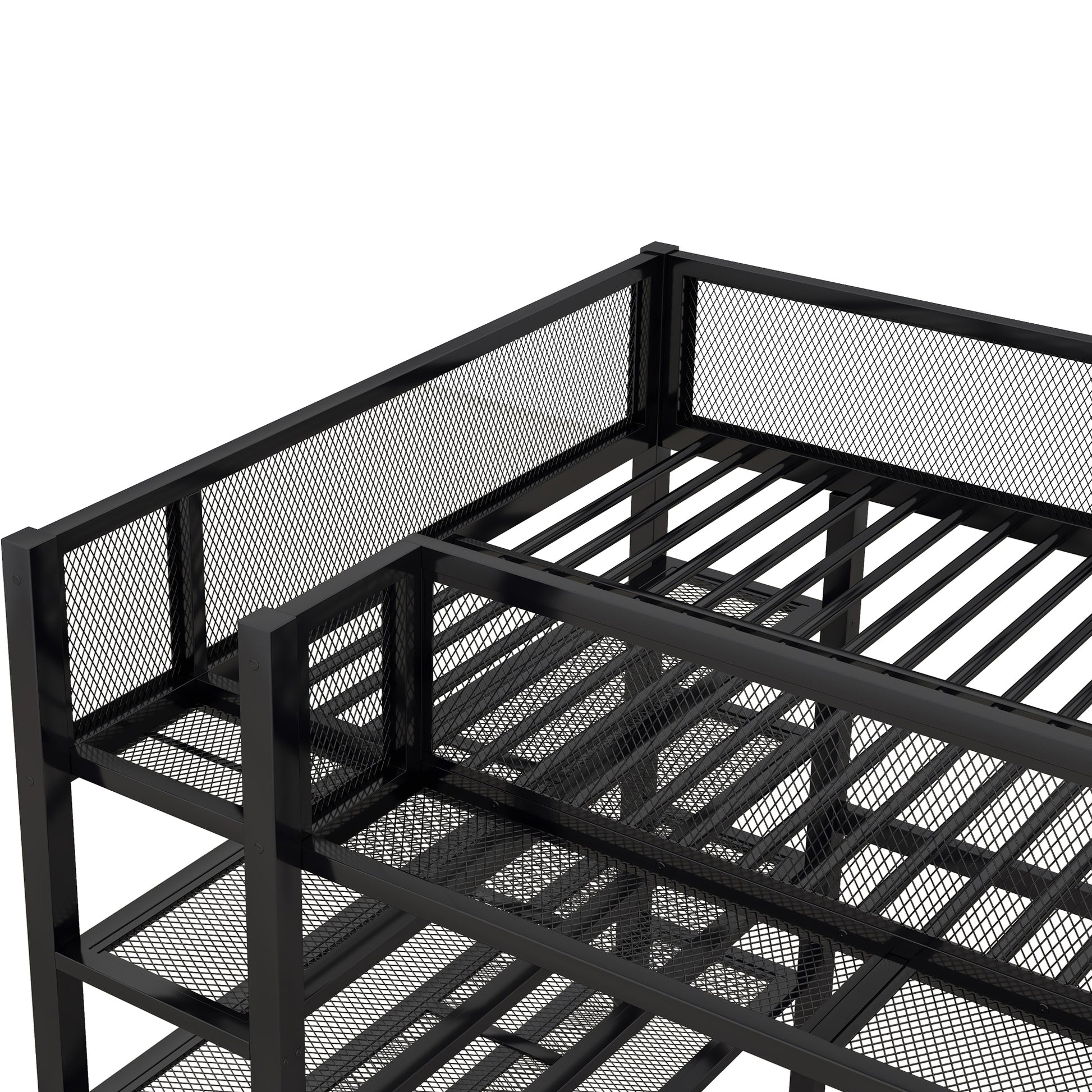 Black metal loft bed frame with mesh guardrails and slatted base