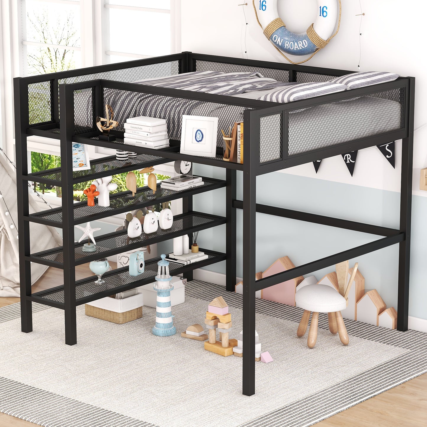 Black metal loft bed with shelves and mattress
