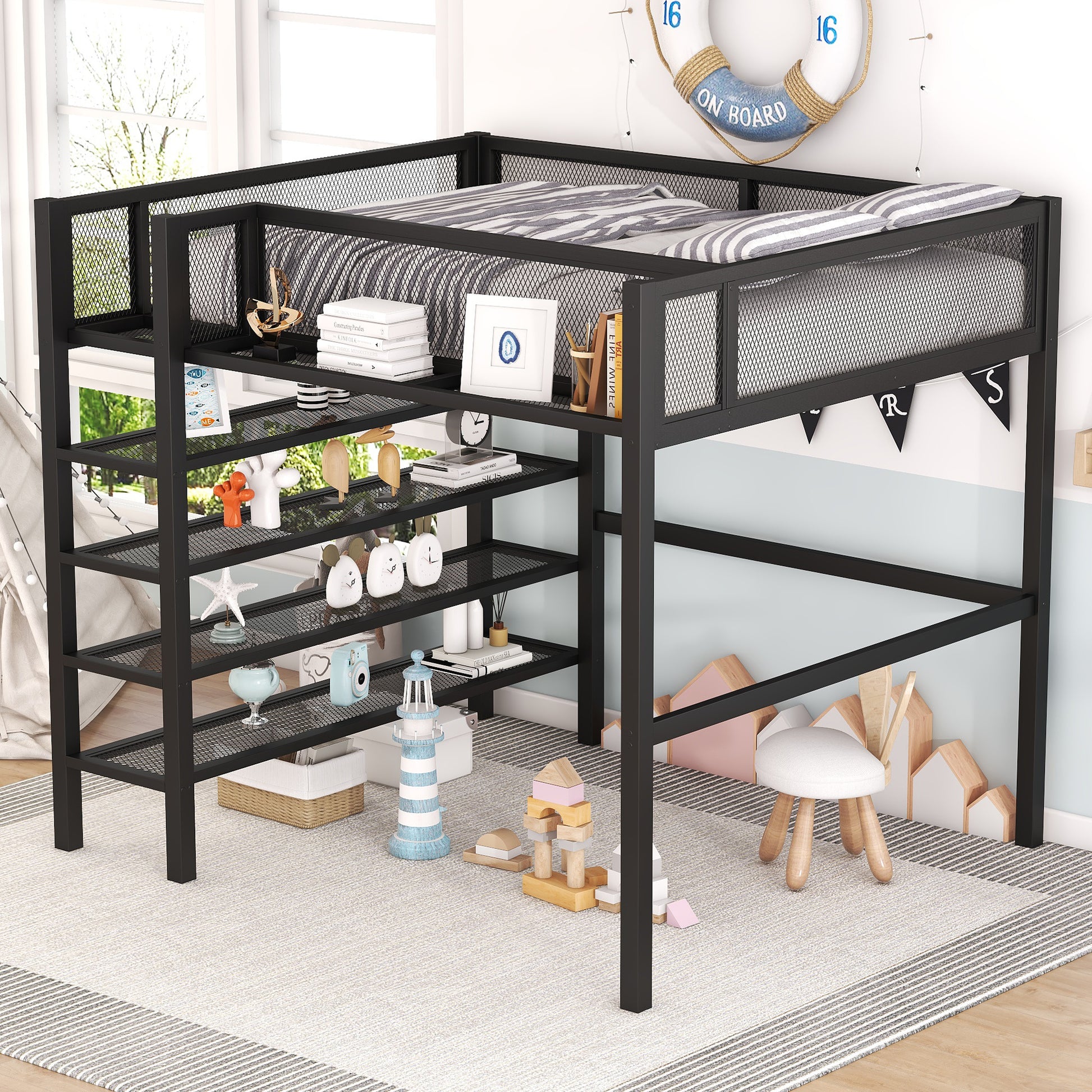 Black metal loft bed with shelves and mattress