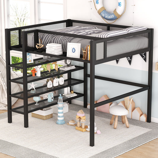 Black metal loft bed with shelves and mattress