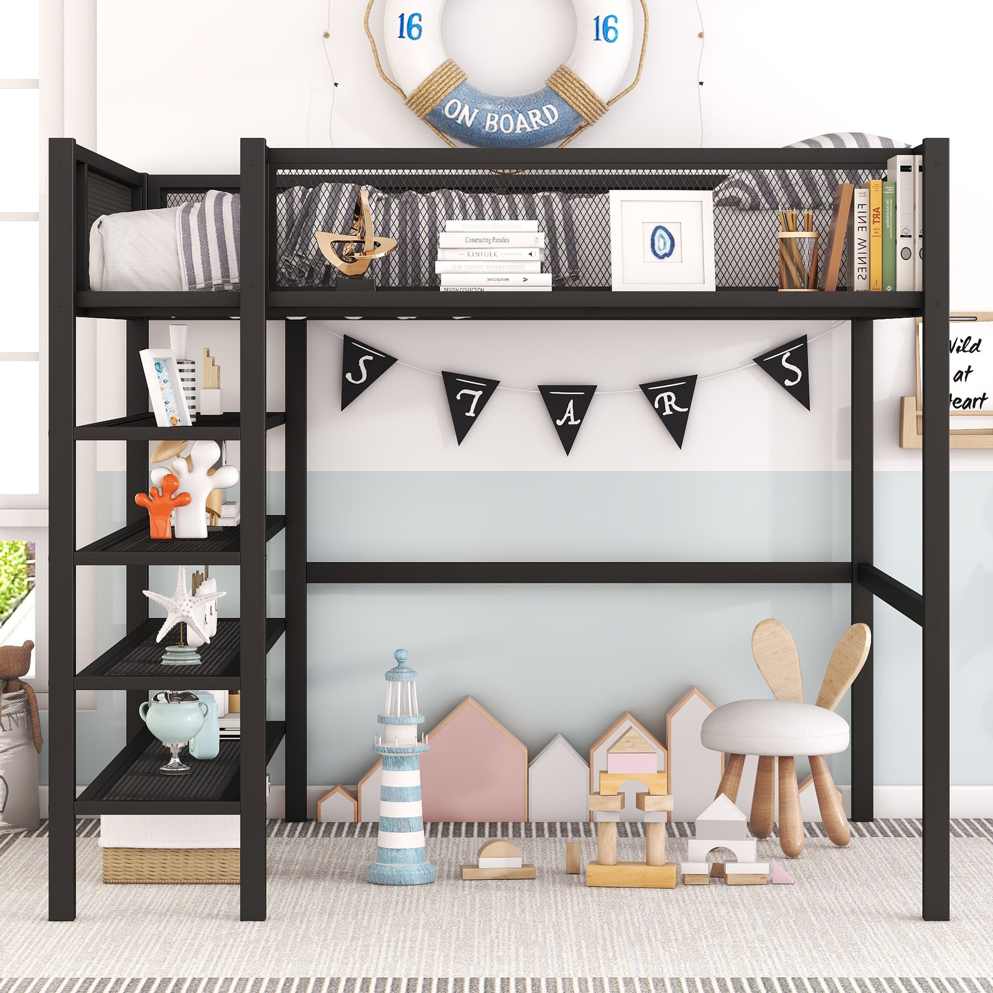 Black metal loft bed with white bedding and shelf decor