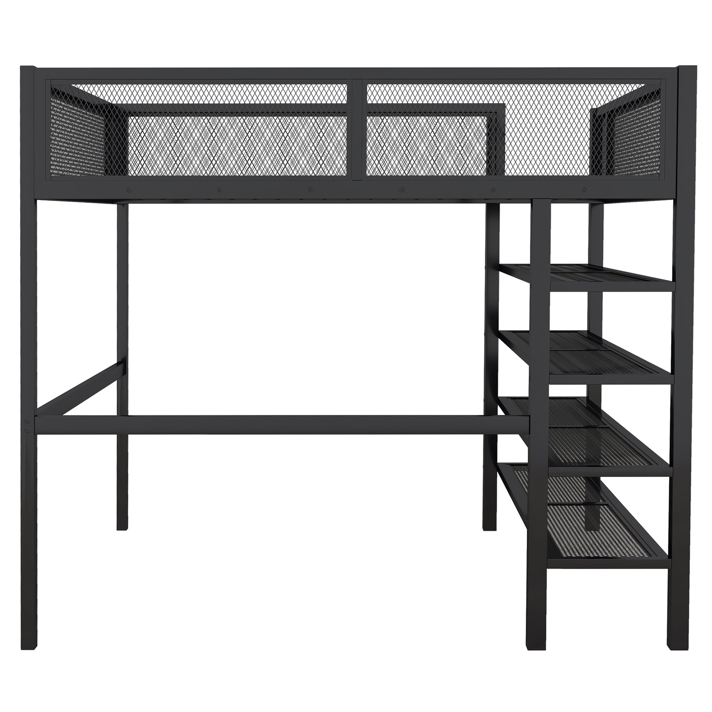 Black metal loft bed with integrated desk and shelving unit