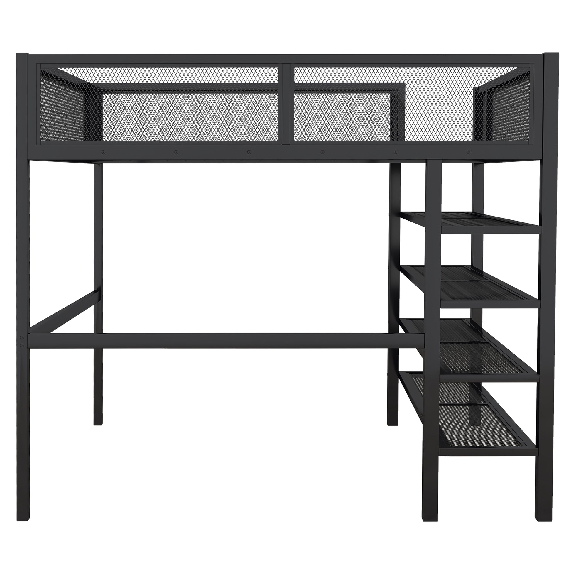Black metal loft bed with integrated desk and shelving unit