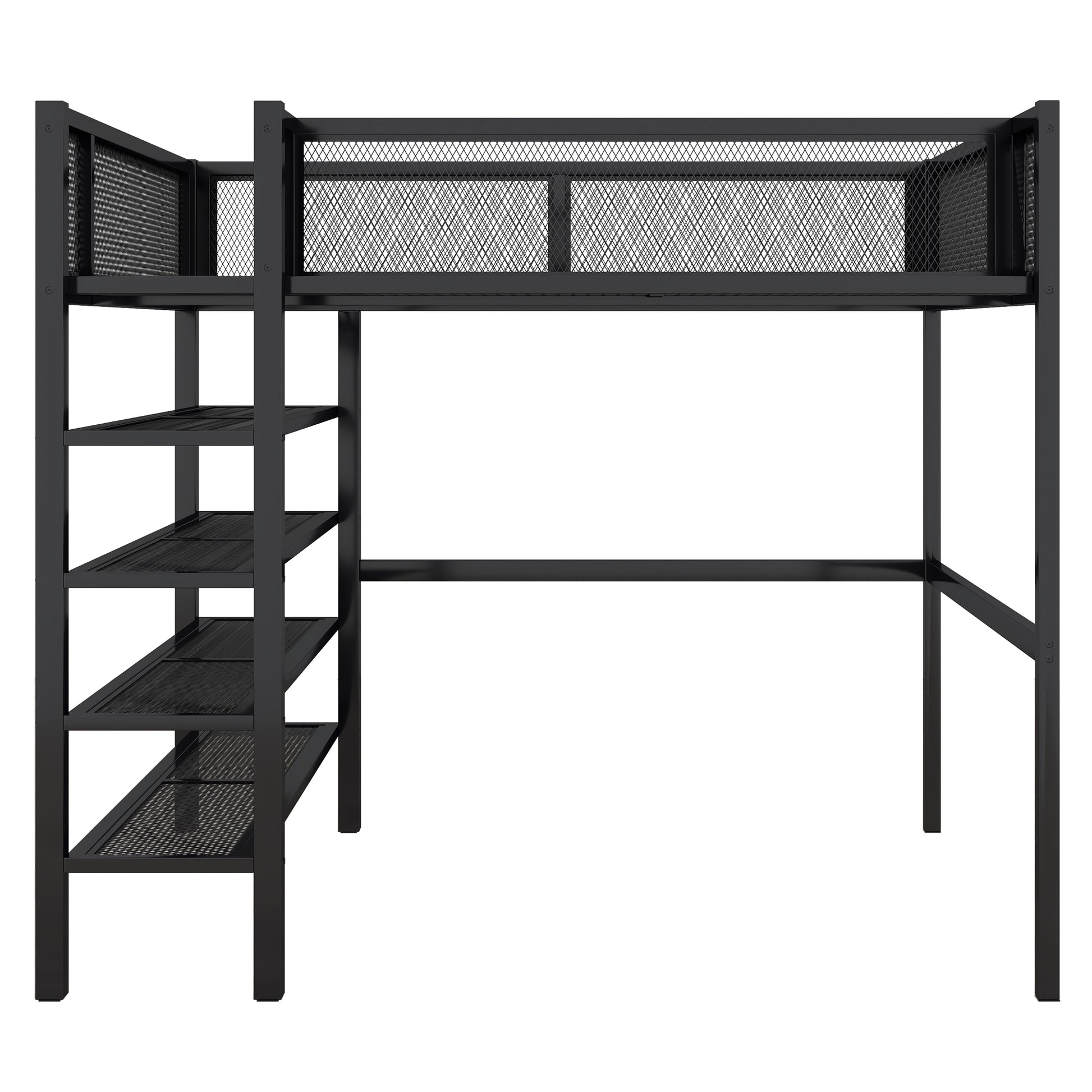 Black metal loft bed with integrated shelves and desk space